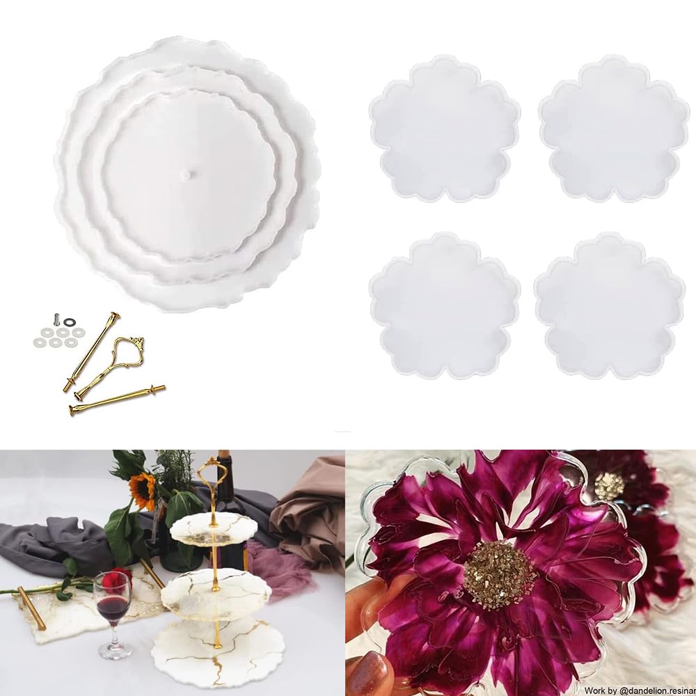 ResinWorld 4-Pack Flower Coaster Molds & 3-Tier Resin Cake Stand Mold Set - DIY Epoxy Resin Craft Supplies for Home Decor, Wedding Centerpieces, and Gift Making