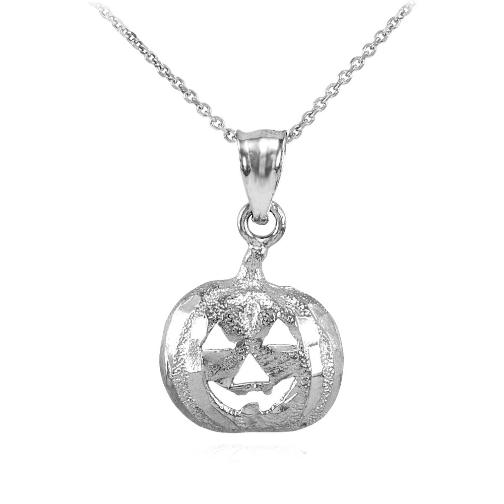 14K White Gold Jack O'Lantern Pumpkin Pendant Necklace - Halloween Jewelry Gift for Women, Perfect for Costume Parties & Fall Fashion Accessories