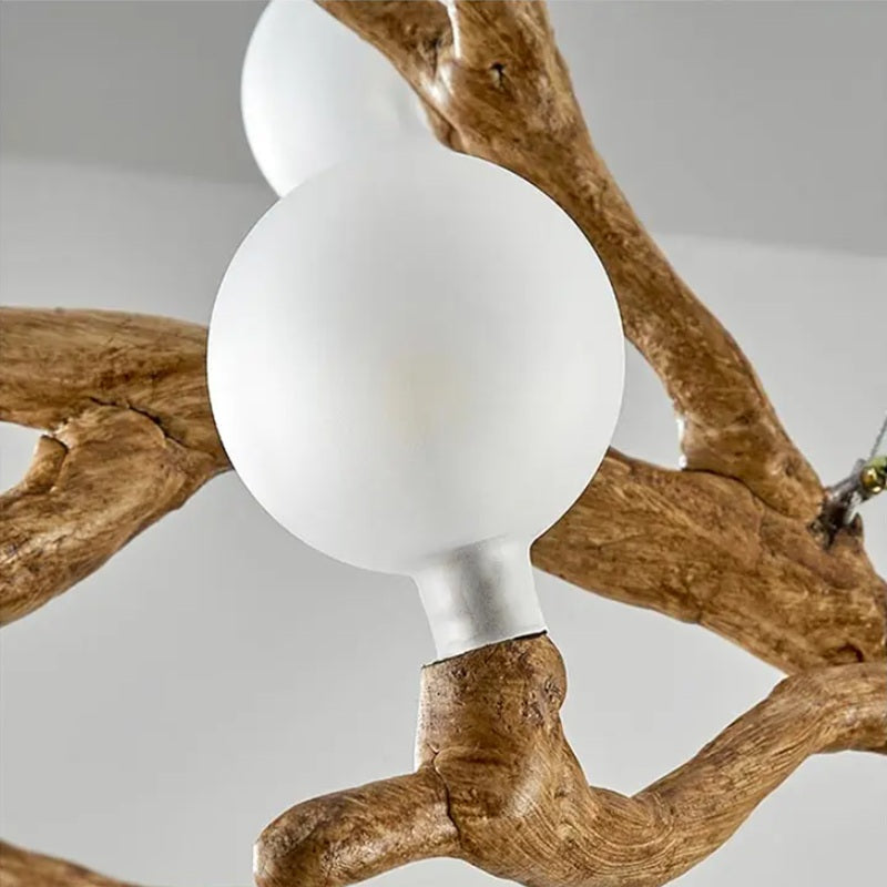 Rustic Branch Chandelier with Frosted & Clear Glass Balls - Farmhouse Ceiling Light Fixture for Dining Room, Bedroom or Living Room Decor