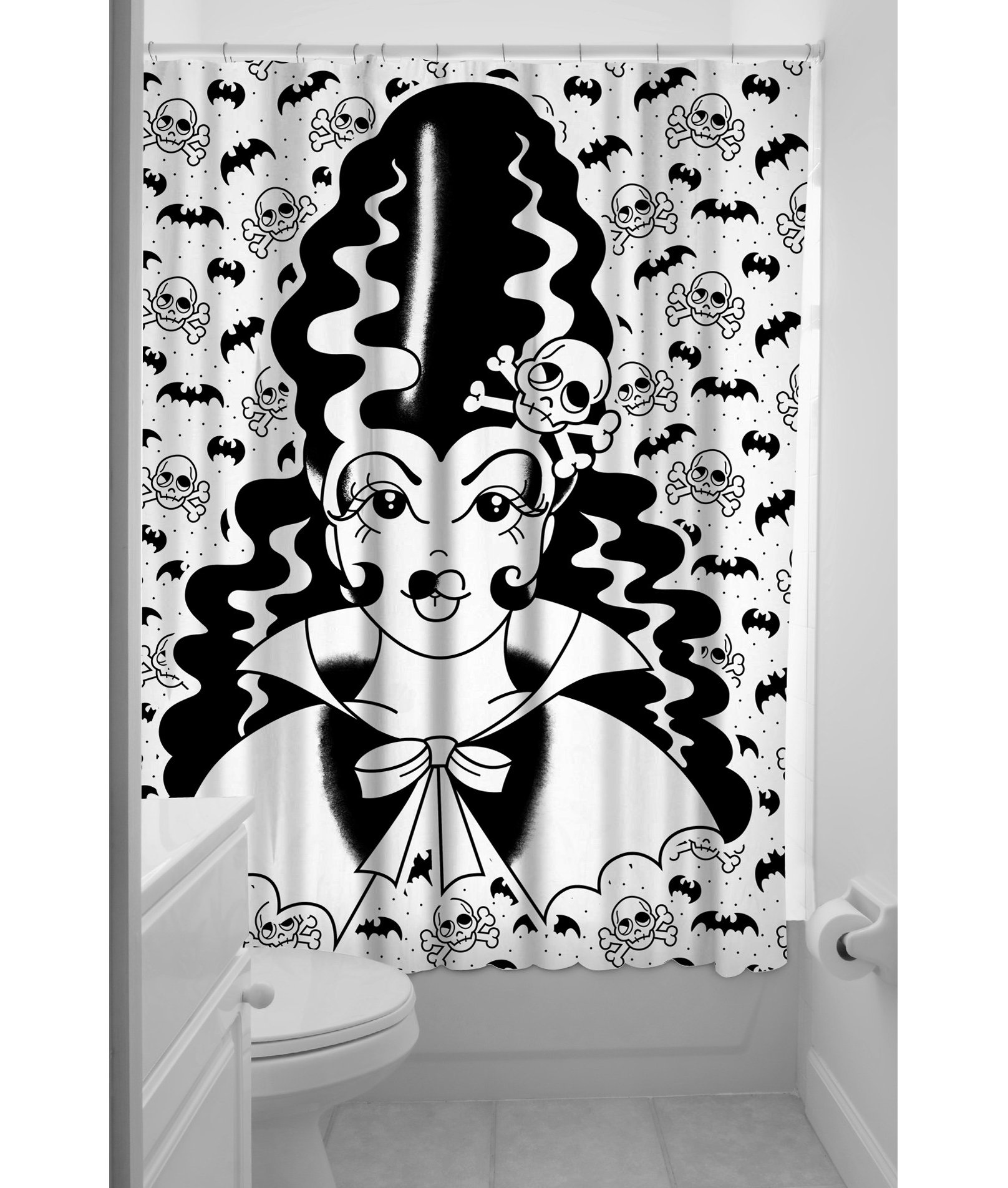 SOURPUSS Franken Gal Halloween Shower Curtain - Spooky Gothic Bathroom Decor for Halloween Party & Horror Theme Rooms