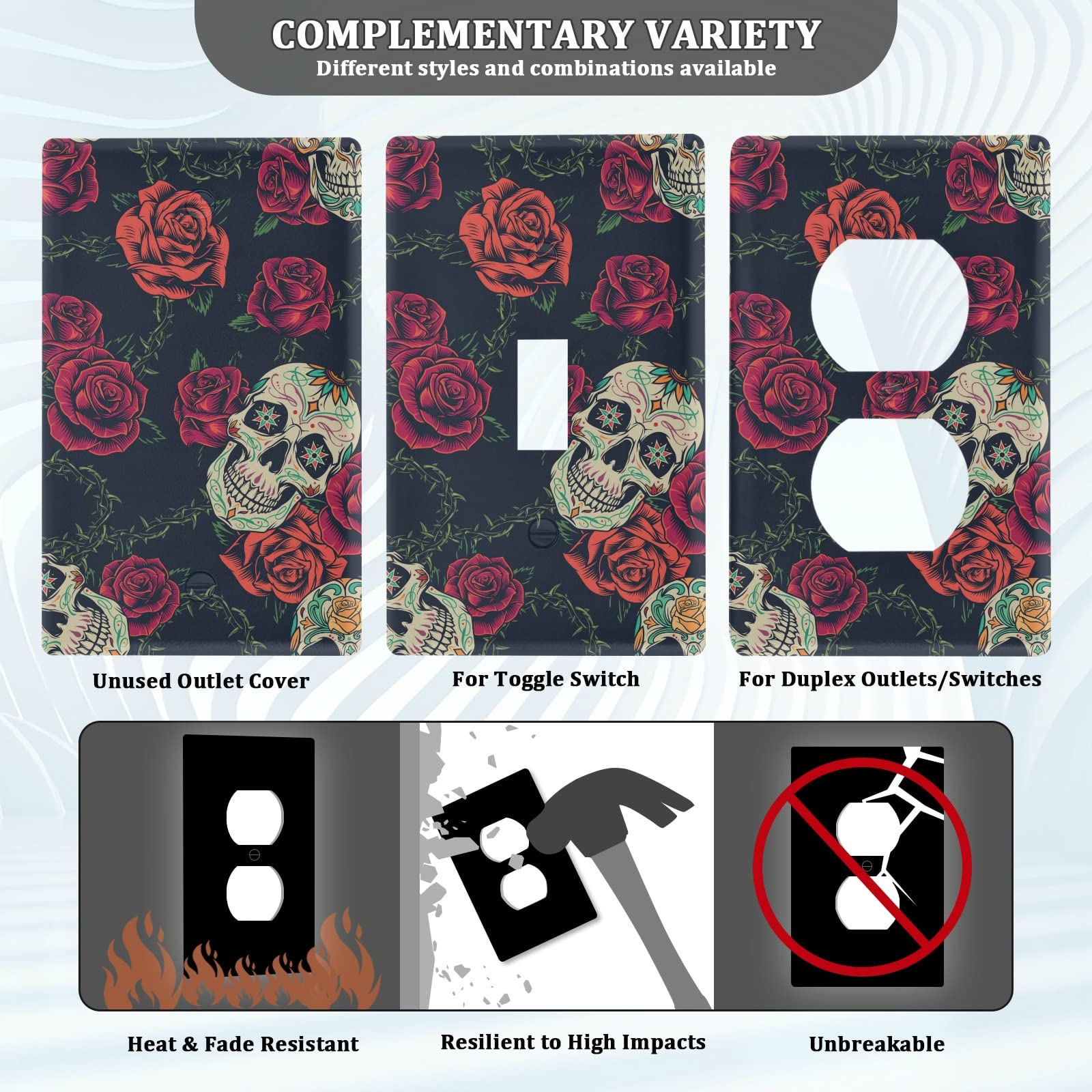 Decorative Roses Sugar Skulls Single Gang Blank Switch Plate Cover - Light Switch Outlet Wall Plate for Home, Office, Bedroom, and Living Room Decor