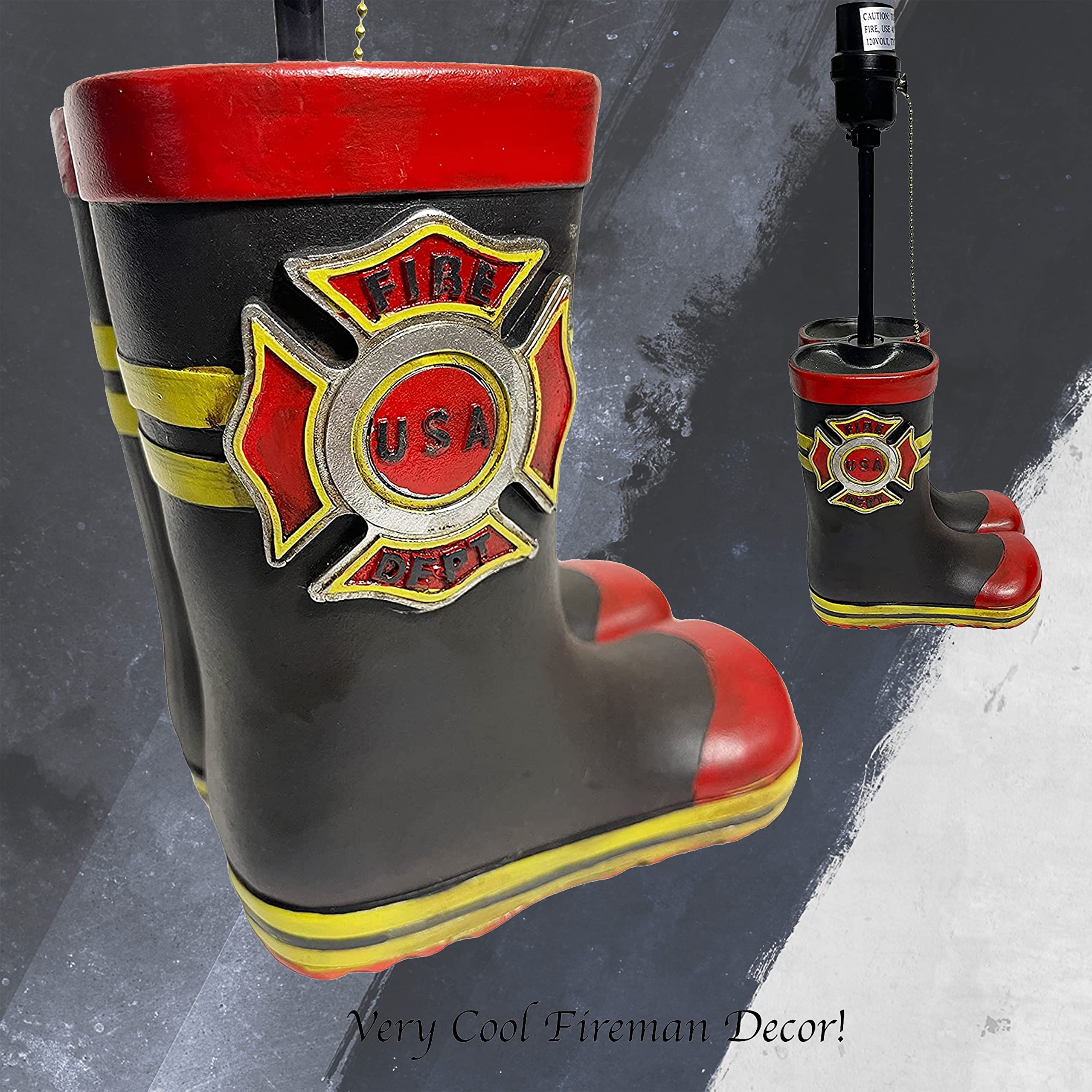 Urbalabs Western Fireman Fire Department Black & Yellow Fire Boot End Table Lamp - Nightstand & Living Room Decor, Bedroom & Office Lighting - Perfect for Cowboy, Firefighter Theme Rooms & Rustic Home Decor