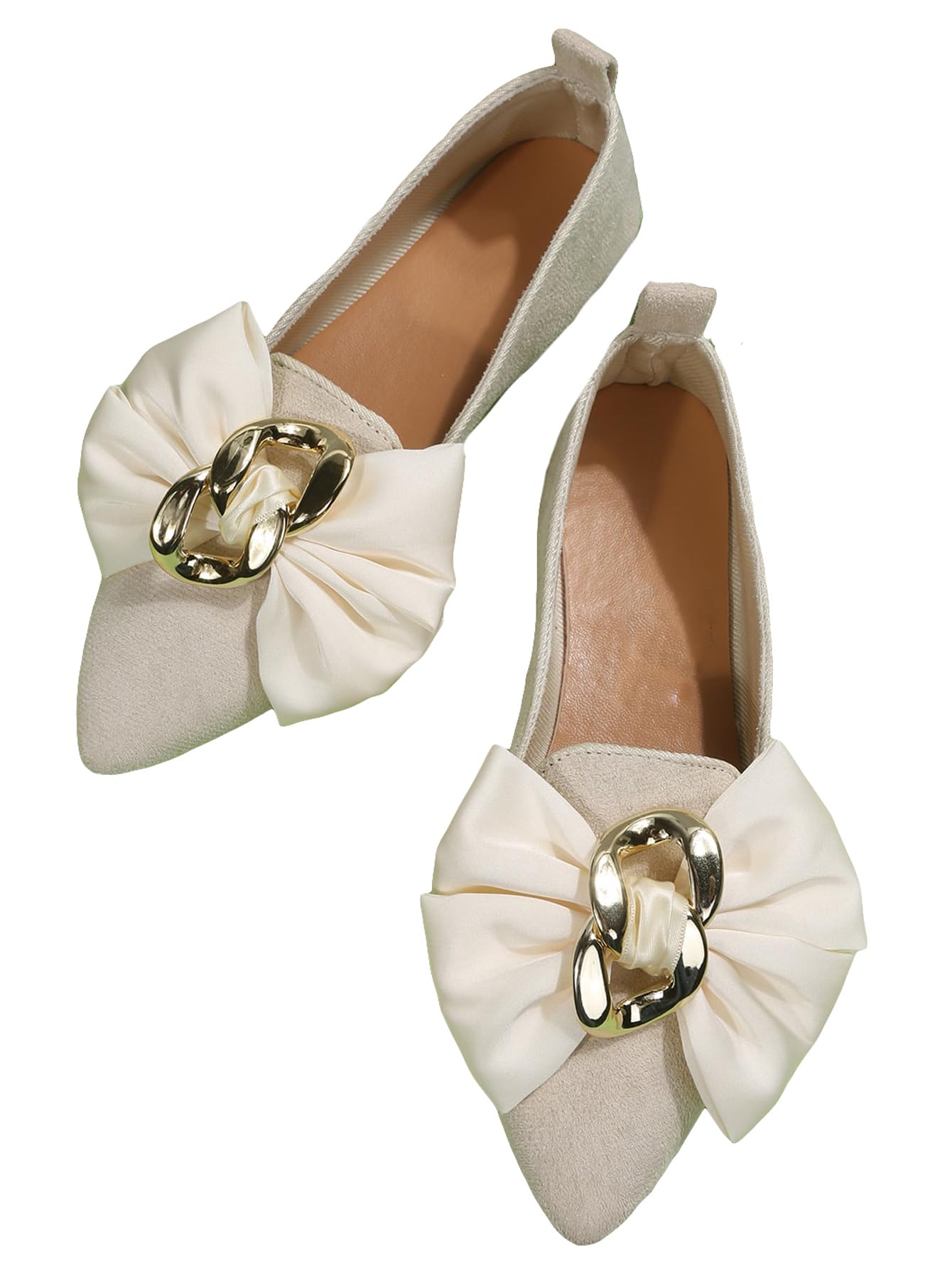 OYOANGLE Women's Pointed Toe Loafers with Bow Chain Decor - Elegant Faux Suede Flats for Women | Comfortable Slip-On Shoes for Office, Casual Outfits & Outdoor Walking