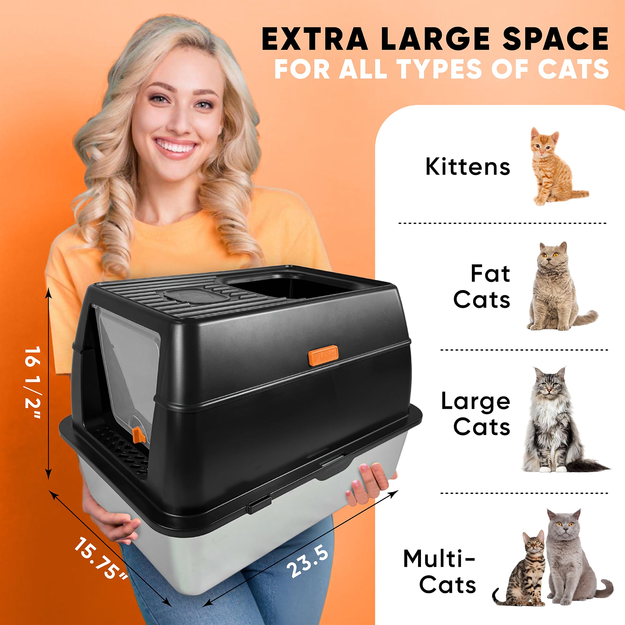 Premium Stainless Steel Cat Litter Box with Lid - Large Top Entry Covered Litter Box with Scoop, Pedal & Anti-Slip Mat - Odor Control, Non-Stick Surface - Ideal for Indoor Cats, Multi-Cat Homes & Small Spaces (Black)