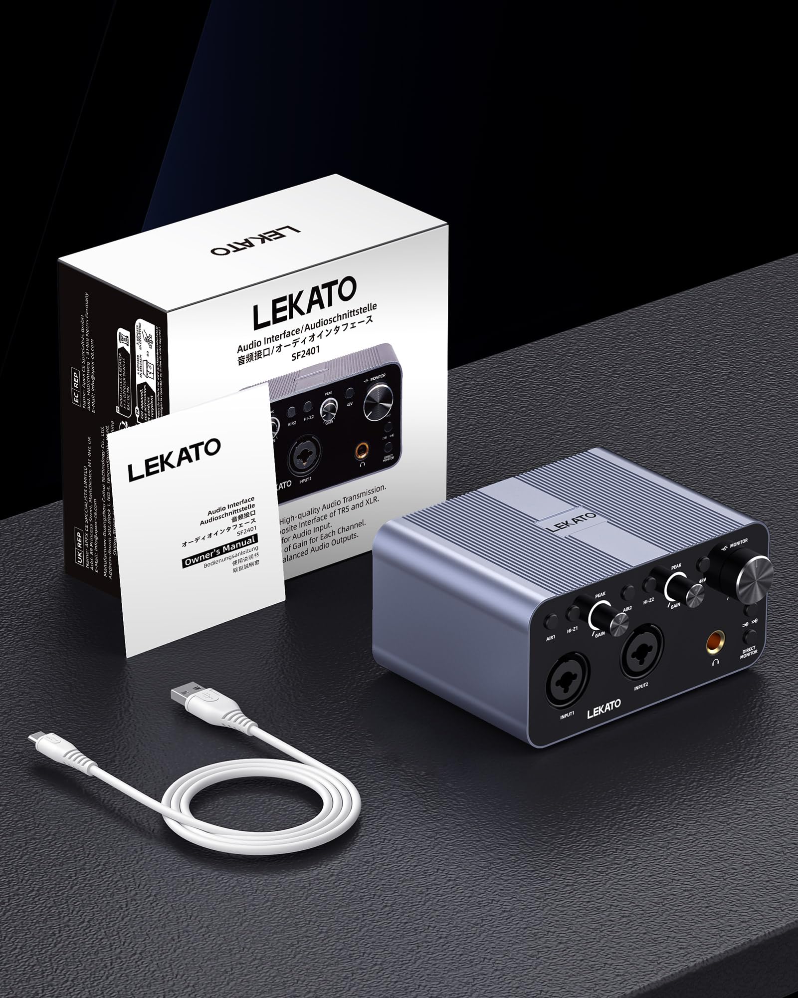 LEKATO 2i2 USB Audio Interface - 24-bit/192kHz Studio Recording Interface with XLR Inputs & 48V Phantom Power for Smartphones, Computers, Guitars, Podcasting & Music Production - Perfect for Home Studios, Live Streaming & Professional Recording Sessions