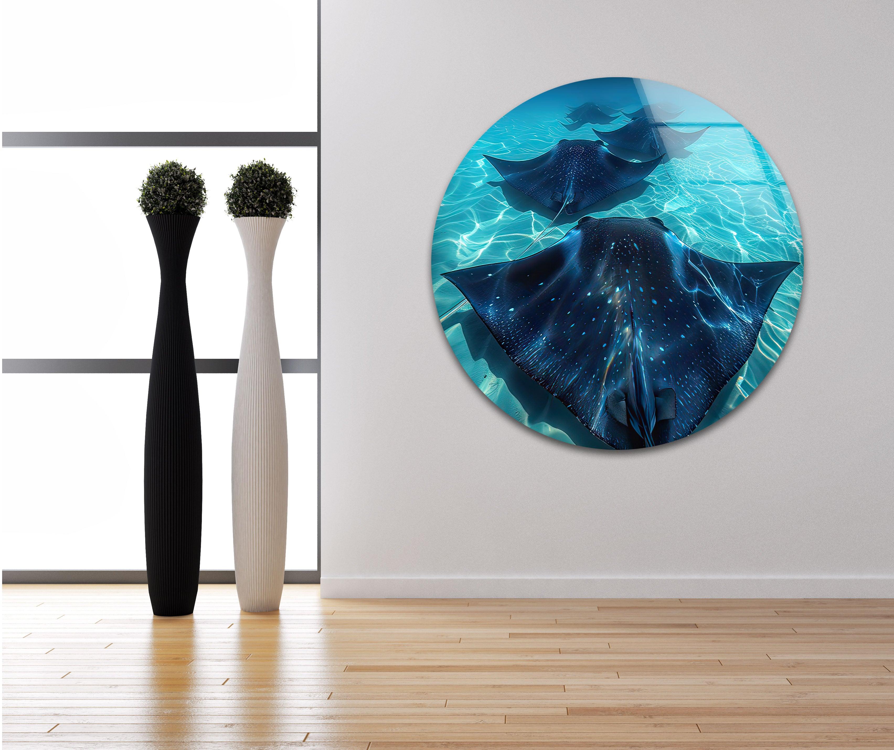 Blue Manta Ray Glass Wall Art - Handcrafted Ocean Themed Decor for Living Room, Bedroom & Office - Perfect Coastal Home Decor Gift