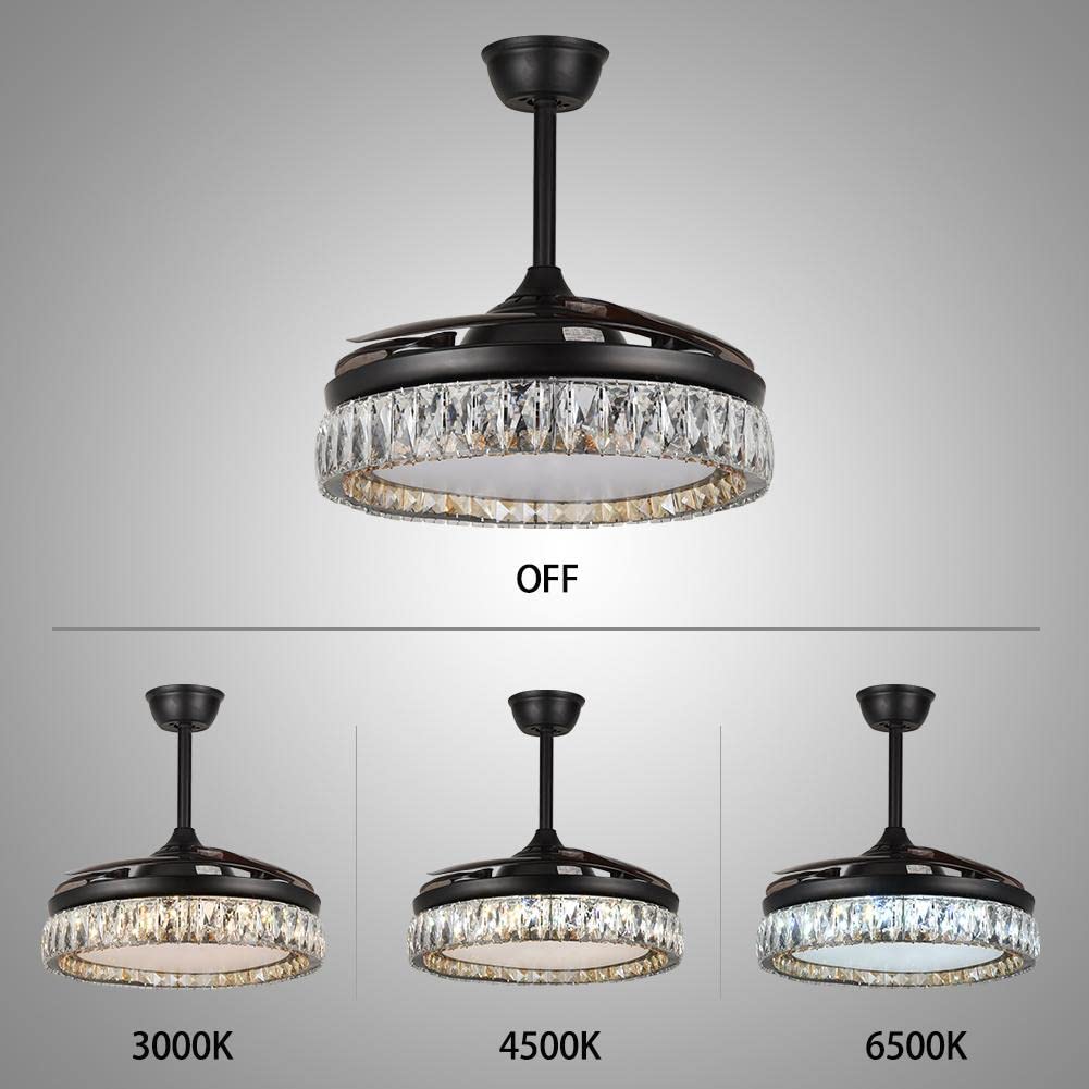 RuiWing 42 Inch Modern Crystal Ceiling Fan with Light - Retractable Blades, 6 Speed Remote Control, Reversible Function & 3 Color Lighting - Black Chandelier Fan for Living Room, Bedroom, Dining Room & Indoor Spaces