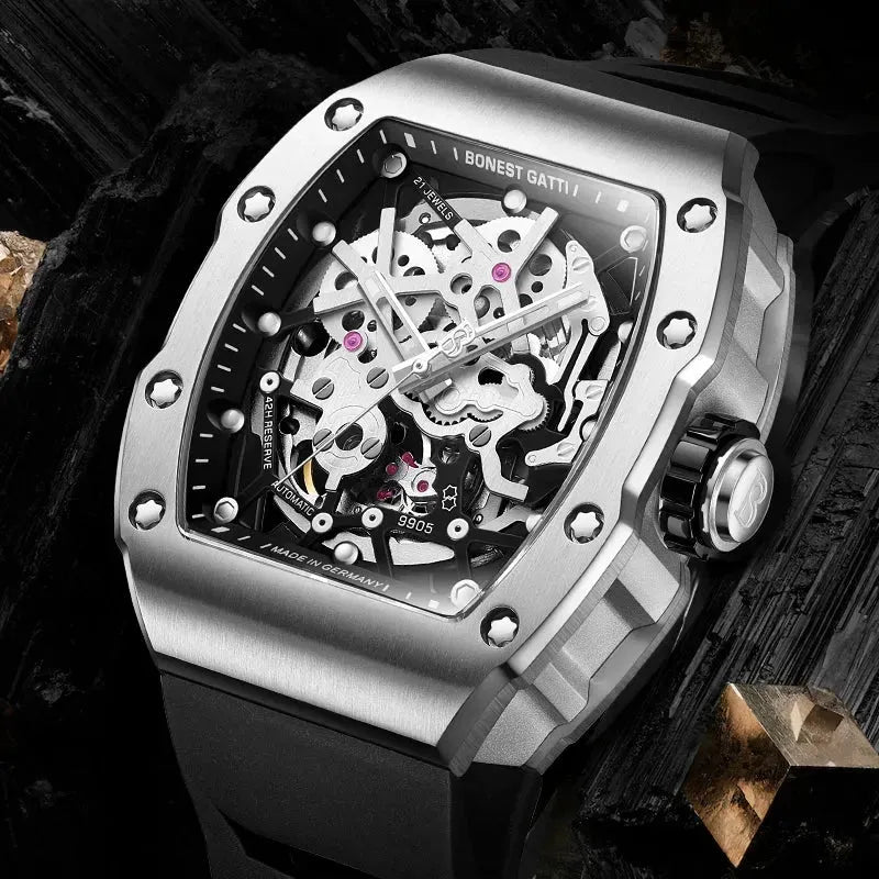 BONEST GATTI Men's Automatic Mechanical Watch - German Engine Tonneau Skeleton Design, Waterproof, Sapphire Glass, Luminous Hands, Fluororubber Strap - Perfect for Business, Formal Events & Luxury Gift Giving