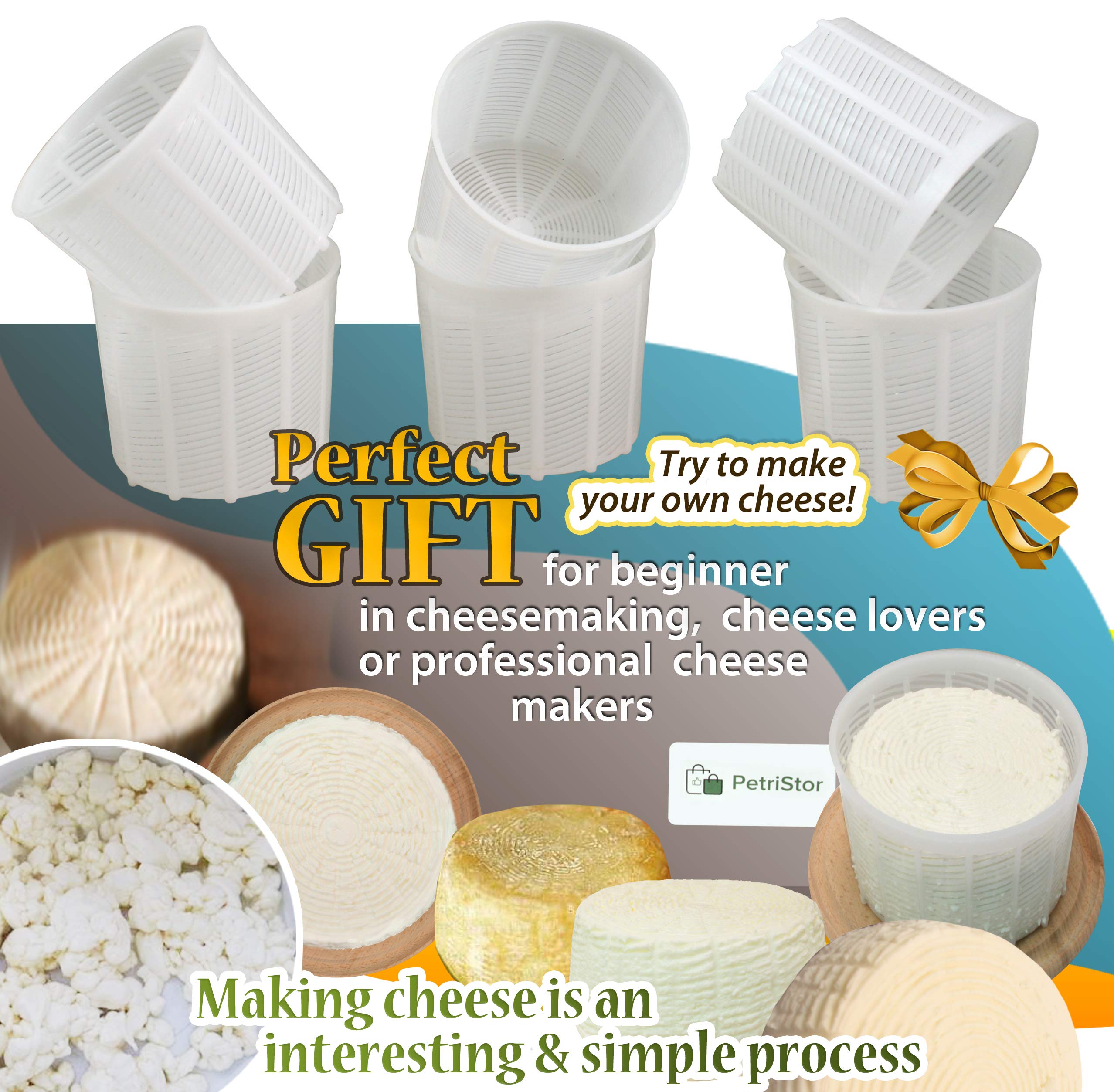 PetriStor 6-Piece Soft Cheese Mold Set for Homemade Cheese Making - 1.85QT Cream Cheese & Feta Mold - Stainless Steel Cheese Form Basket - DIY Cheese Making Supplies for Fresh Cheese, Mozzarella & Ricotta - Perfect for Home Cheesemaking, Gifts & Culinary Classes
