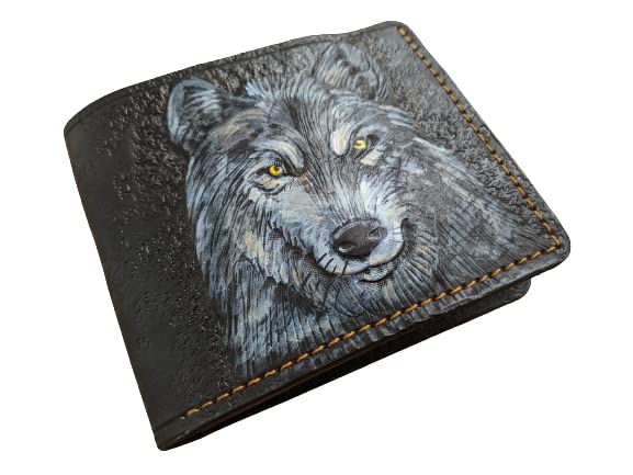 **Handmade 3D Genuine Leather Bifold Wallet for Men - Gray Wolf Carved & Tooled Design with Airbrush Art - Custom Personalized Gift for Dad, Husband, or Boyfriend (A28)**    *(Perfect for Everyday Use, Travel, Gifting, and Special Occasions)*