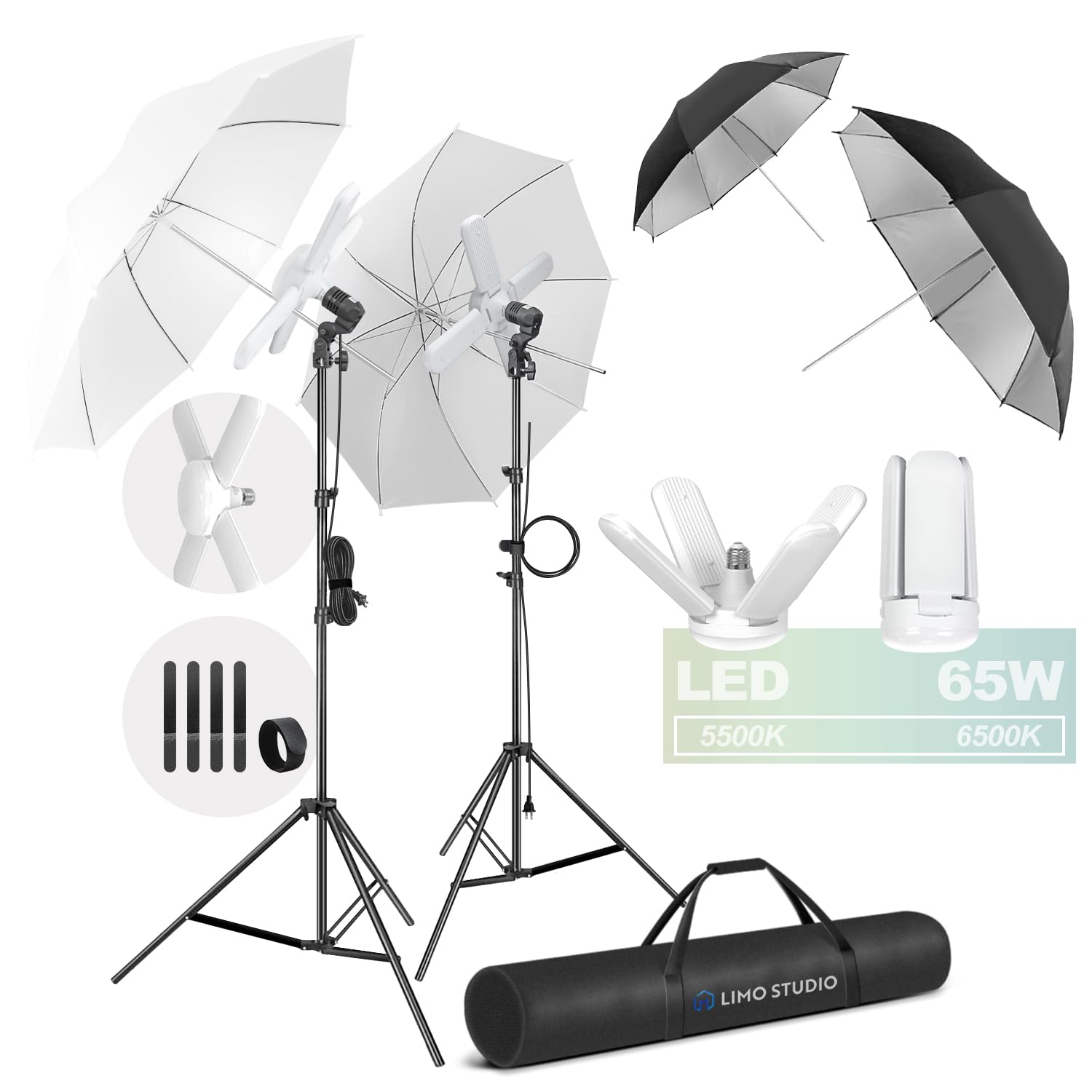LimoStudio 2600W LED Photo Studio Lighting Kit - 6500K Daylight, 9200 Lumens, CRI>95 with Soft Umbrella Diffusers & Reflectors for Professional Photography, YouTube Videos, Product Shoots, and Portrait Lighting