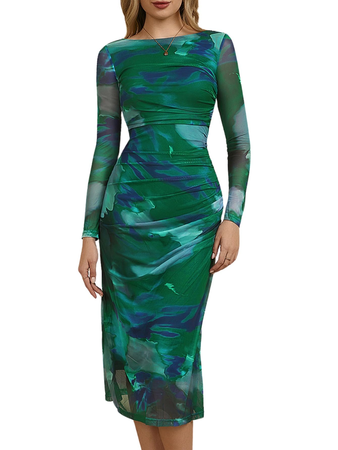 MakeMeChic Women's Elegant Tie Dye Mesh Ruched Bodycon Dress - Long Sleeve Round Neck Midi Dress for Party, Date Night & Special Occasions