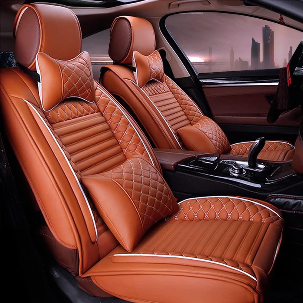 Premium Crown Front Car Seat Covers - Leatherette Airbag-Compatible Protectors (2Pcs, Cayenne Yellow) - Ideal for Daily Commute & Long Road Trips