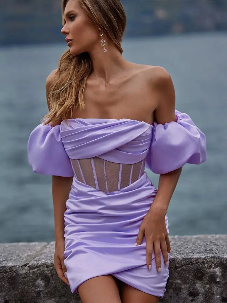 Sexy Off Shoulder Bubble Sleeve Mini Dress for Women - Summer Pleated Tight Party Club Dress | Perfect for Night Out, Date Night & Special Occasions