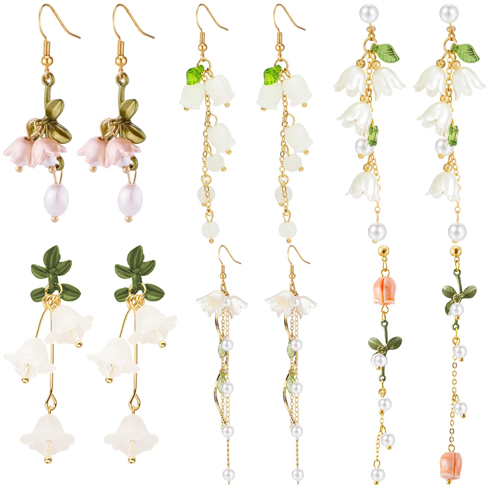 NEWITIN 6 Pairs Floral Earrings for Women - Hypoallergenic Pearl Leaf Tassel Dangle Earrings | Elegant Statement Jewelry for Parties, Weddings & Everyday Wear