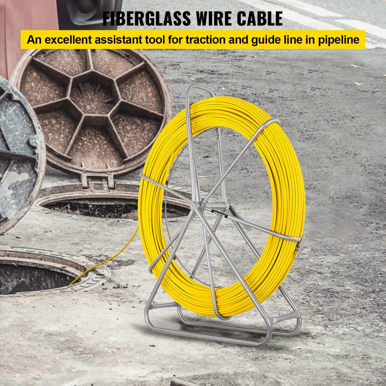 Happybuy 8MM x 492FT Fiberglass Fish Tape - Steel Reel Stand with Cage & Wheel - 13 Inch Min Bending Radius - Durable Wire Cable Puller for Electrical Conduit Work - Perfect for Electricians and DIY Home Wiring Projects