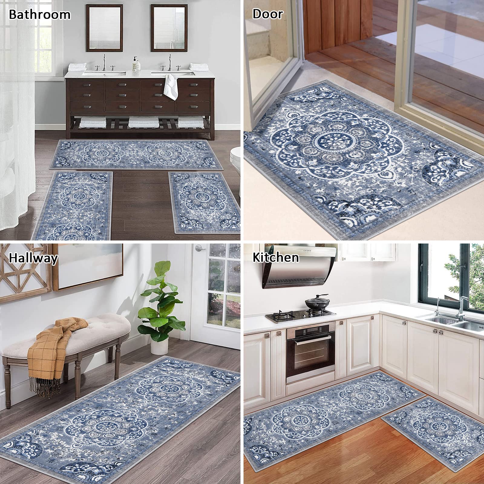 Boho Kitchen Rugs Set of 3 - Non-Slip Washable Floral Farmhouse Floor Mats with Runner for Kitchen, Office, Laundry & Sink Area - Blue | Perfect for Farmhouse Decor & High-Traffic Areas