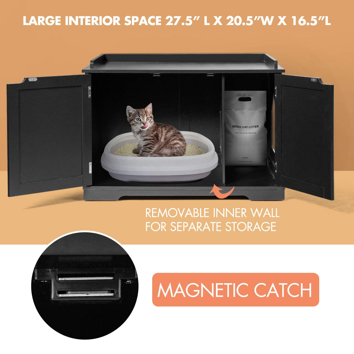 Wooden Cat Litter Box Enclosure - Hidden Litter Box Furniture with Door & Removable Divider, Cat Washroom Bench Cabinet for Home Decor | Perfect for Small Spaces & Multi-Cat Households