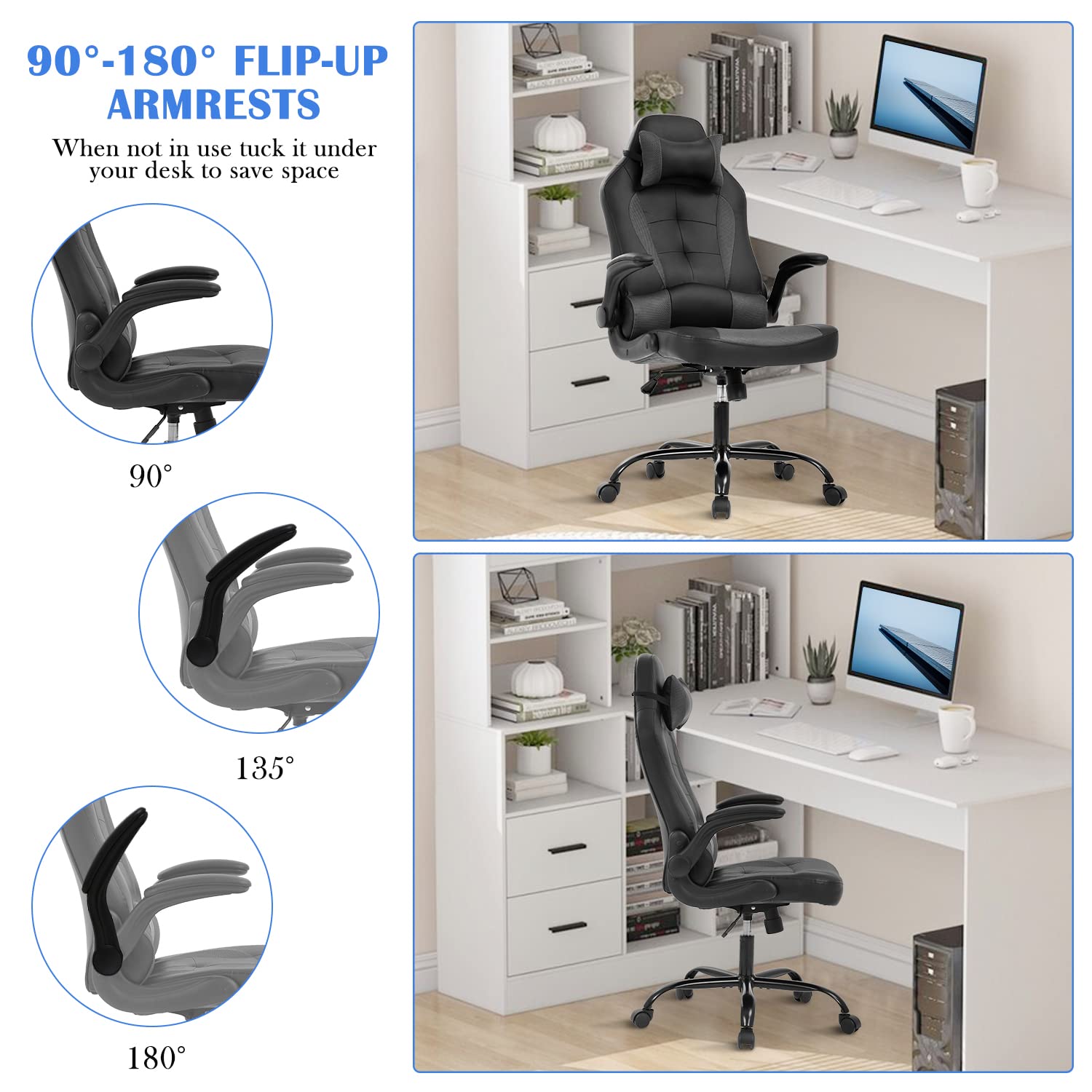 Ergonomic Gaming & Office Chair with Adjustable Headrest & Lumbar Support - High Back PU Leather Computer Desk Chair for Adults - Racing Style Swivel Task Chair with Wheels (Grey) - Perfect for Home Office, Gaming Setup & Workstations