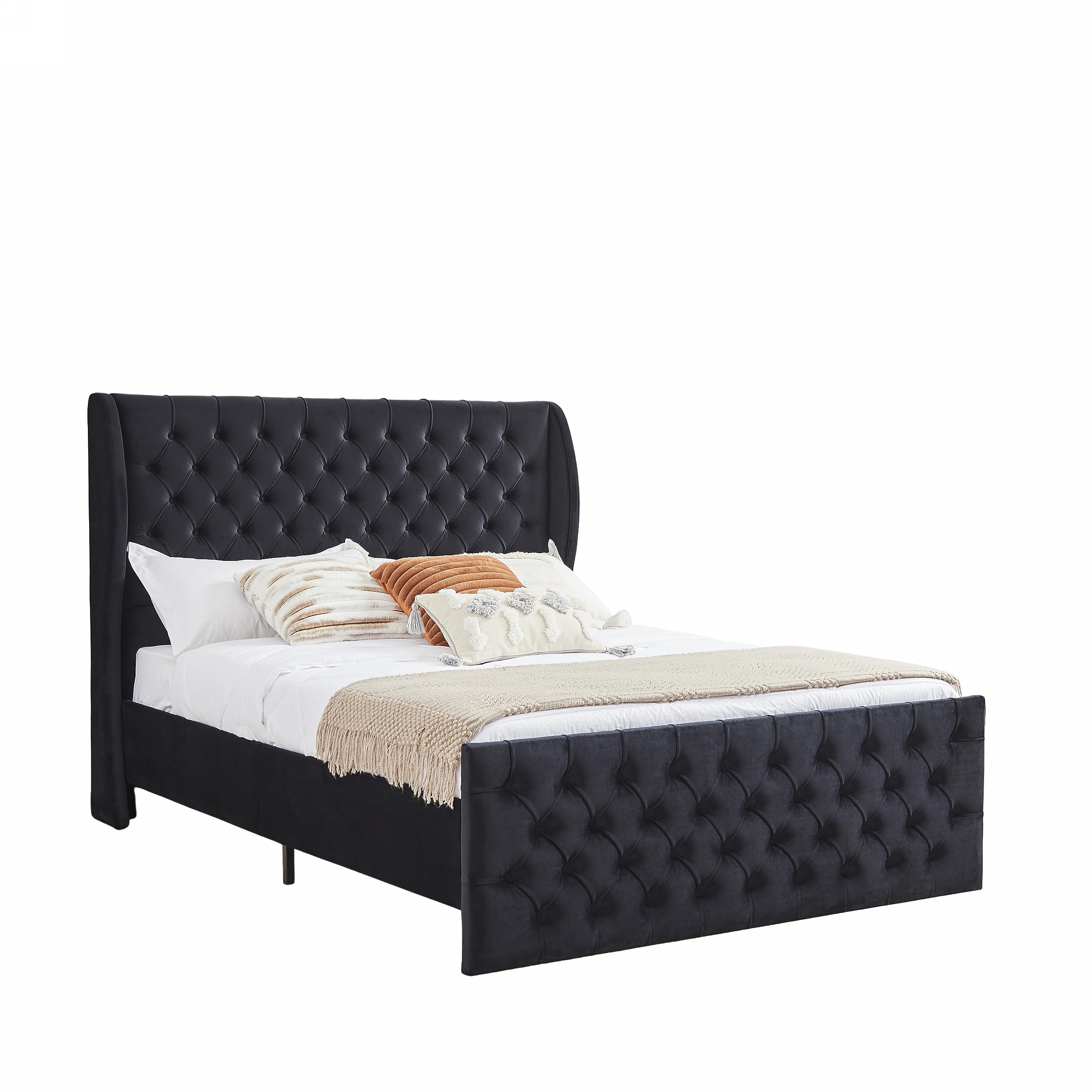 Luxury Velvet Upholstered Queen Size Platform Bed Frame with Wingback Headboard & Footboard - Button Tufted Wood Bed Frame, No Box Spring Needed, Easy Assembly - Perfect for Modern Bedrooms, Guest Rooms & Master Suites