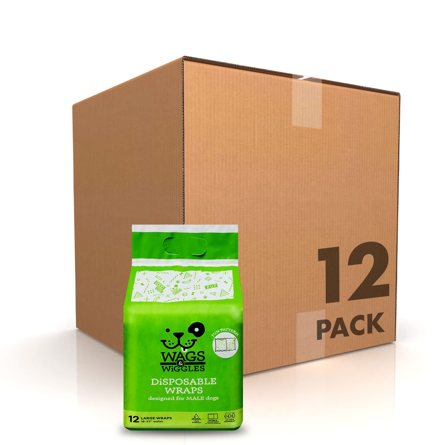 Wags & Wiggles Male Wraps - Disposable Dog Diapers for Male Dogs | 144 Count Pack | Fits Waist Size 18-27 Inches | Perfect for House Training, Travel & Senior Dogs