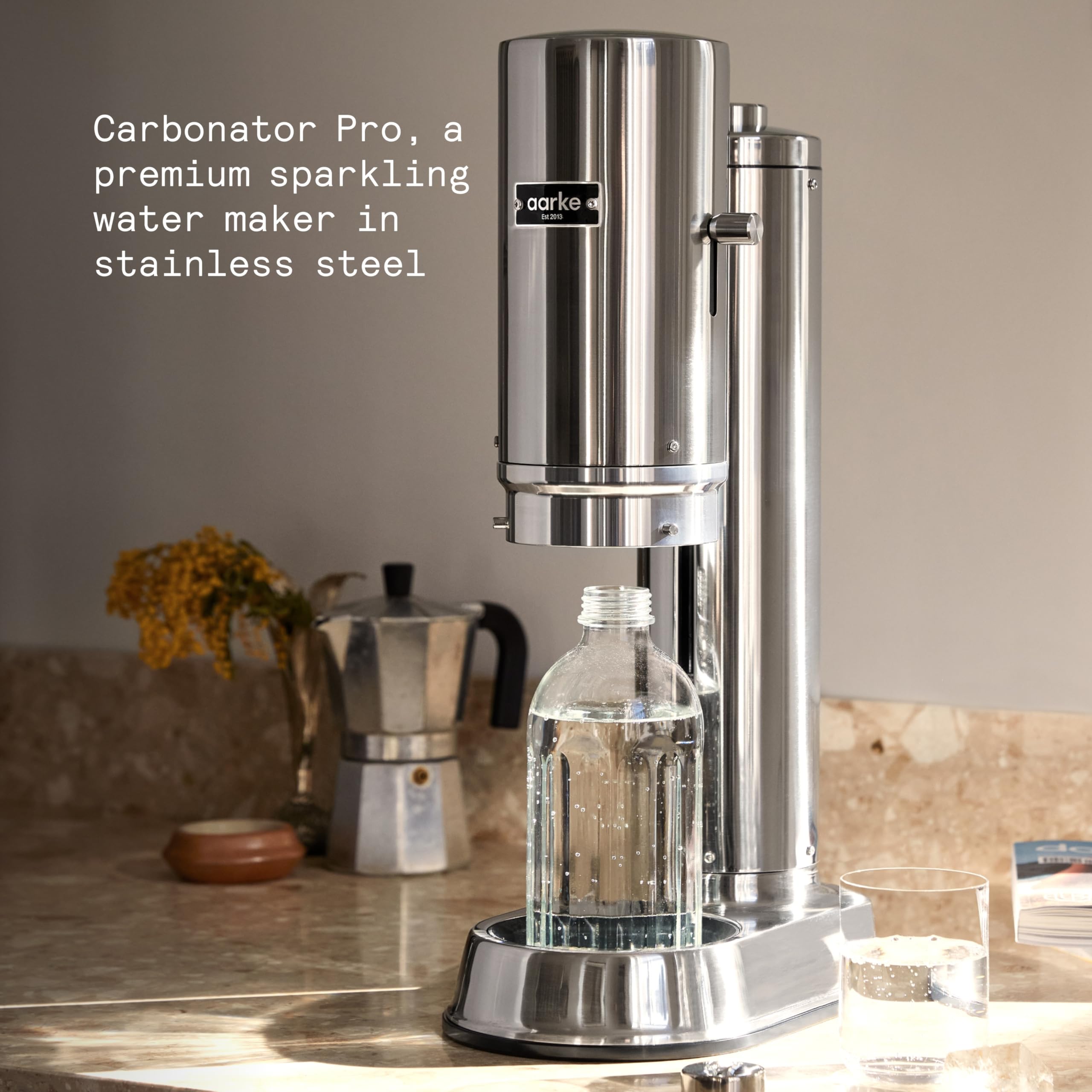 Aarke Carbonator Pro Premium Sparkling Water Maker - Stainless Steel Soda Machine with Glass Bottle for Home & Office | Make Carbonated Drinks, Cocktails & Healthy Seltzer Water