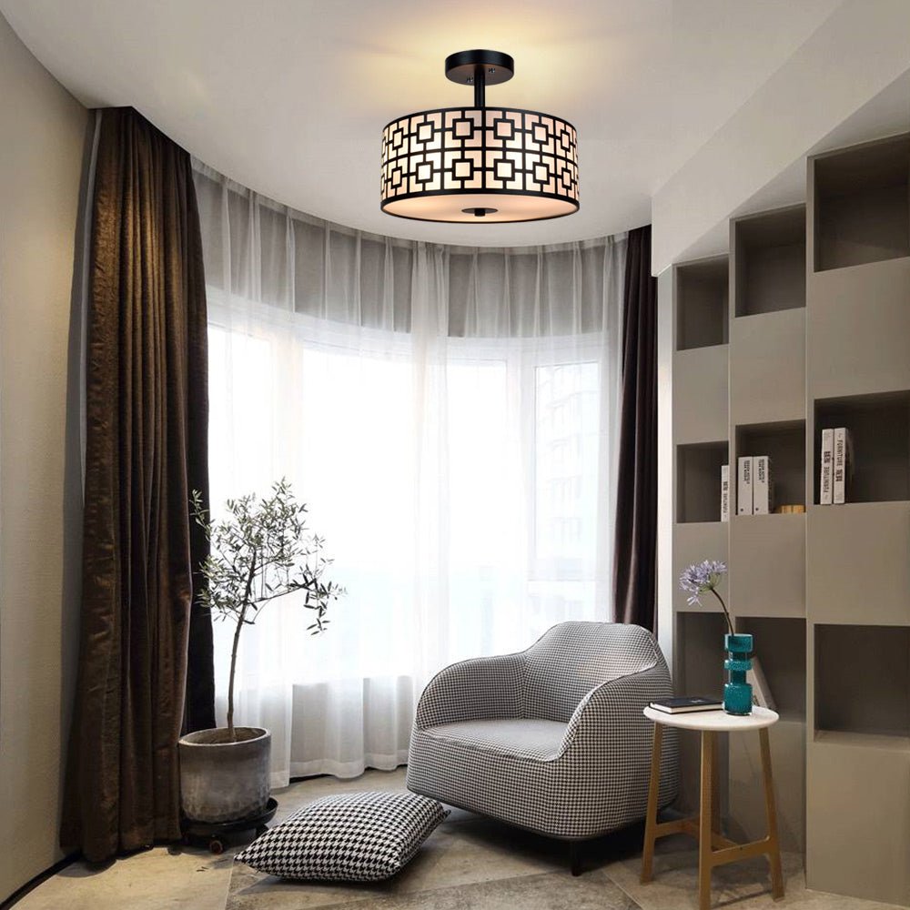 Depuley 12.6 Inch Modern Semi Flush Mount Ceiling Light Fixture - 3-Light Drum Chandelier for Bedroom, Dining Room, Kitchen, Hallway, Entryway, Foyer & Living Room - Black/Silver Finish - Perfect for Ambient Lighting and Home Decor