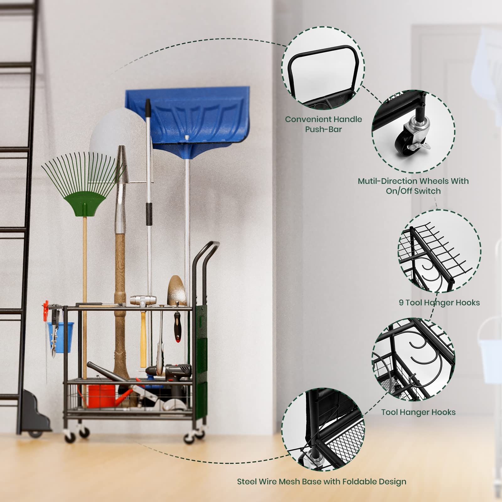 Black Heavy-Duty Garden Tool Organizer with Wheels & Storage Hooks - Yard Tool Stand for Garage, Shed & Outdoor Storage - Perfect for Organizing Rakes, Shovels & Gardening Equipment