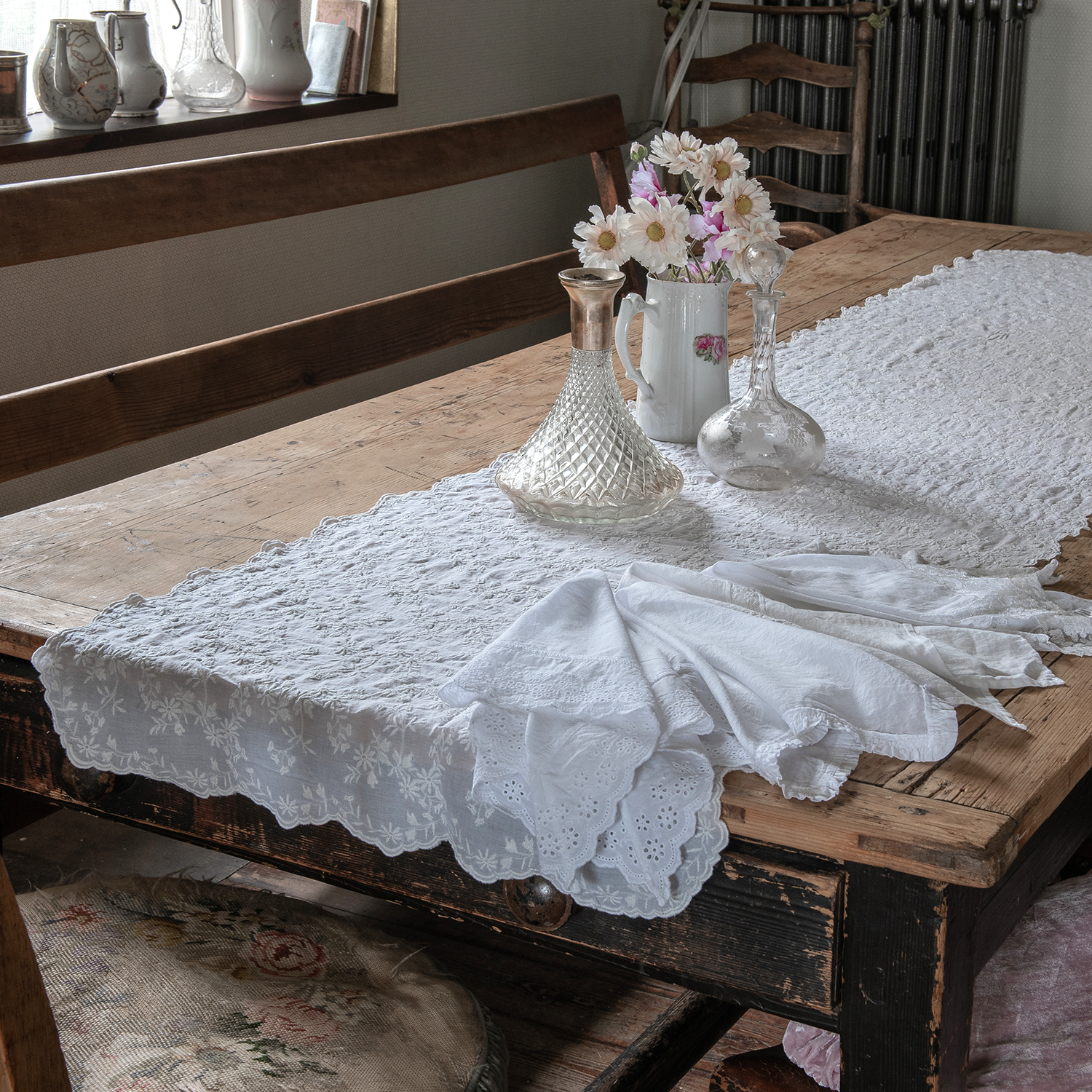 Embroidered Floral Tablecloth and Table Runner Set - Elegant Lace Trimmed Dining Table Decor for Wedding, Party, and Home Decor