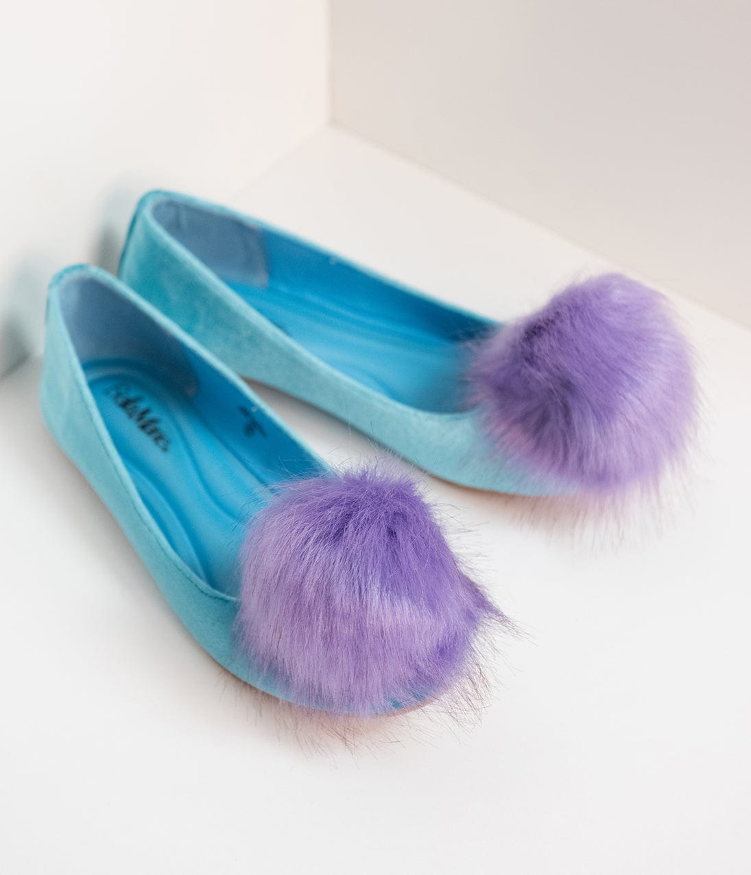 Teal Velvet & Purple Pom Pom Ballet Flats - Women's Comfortable Slip-On Shoes for Casual Wear, Office, and Parties