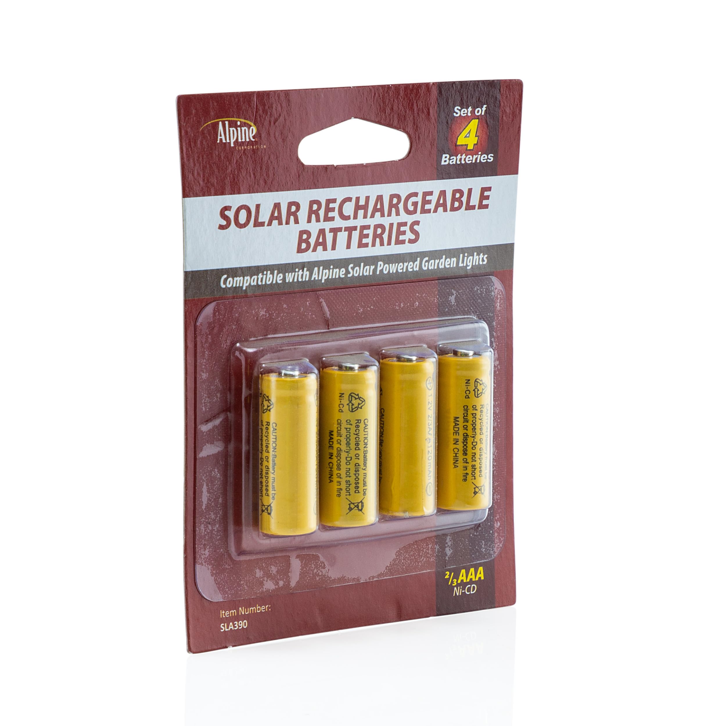 Alpine Corporation 2/3 AAA Ni-CD Solar Rechargeable Replacement Batteries for Solar Garden Lights - 4 Pack | Perfect for Outdoor Solar-Powered Pathway & Landscape Lighting