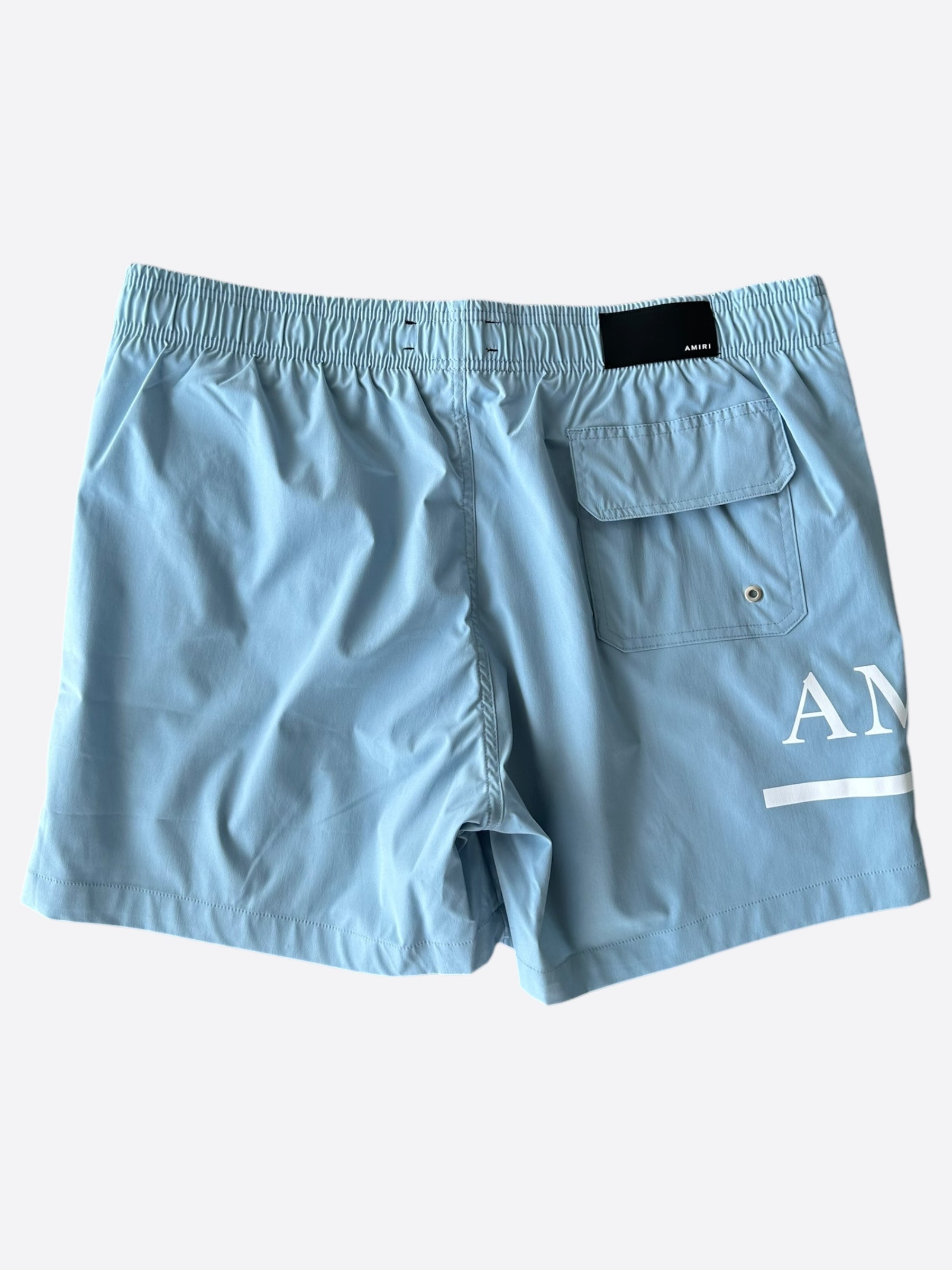 Amiri Men's Blue & White MA Bar Logo Swim Shorts - Quick-Dry Swim Trunks for Beach, Pool & Summer Vacations