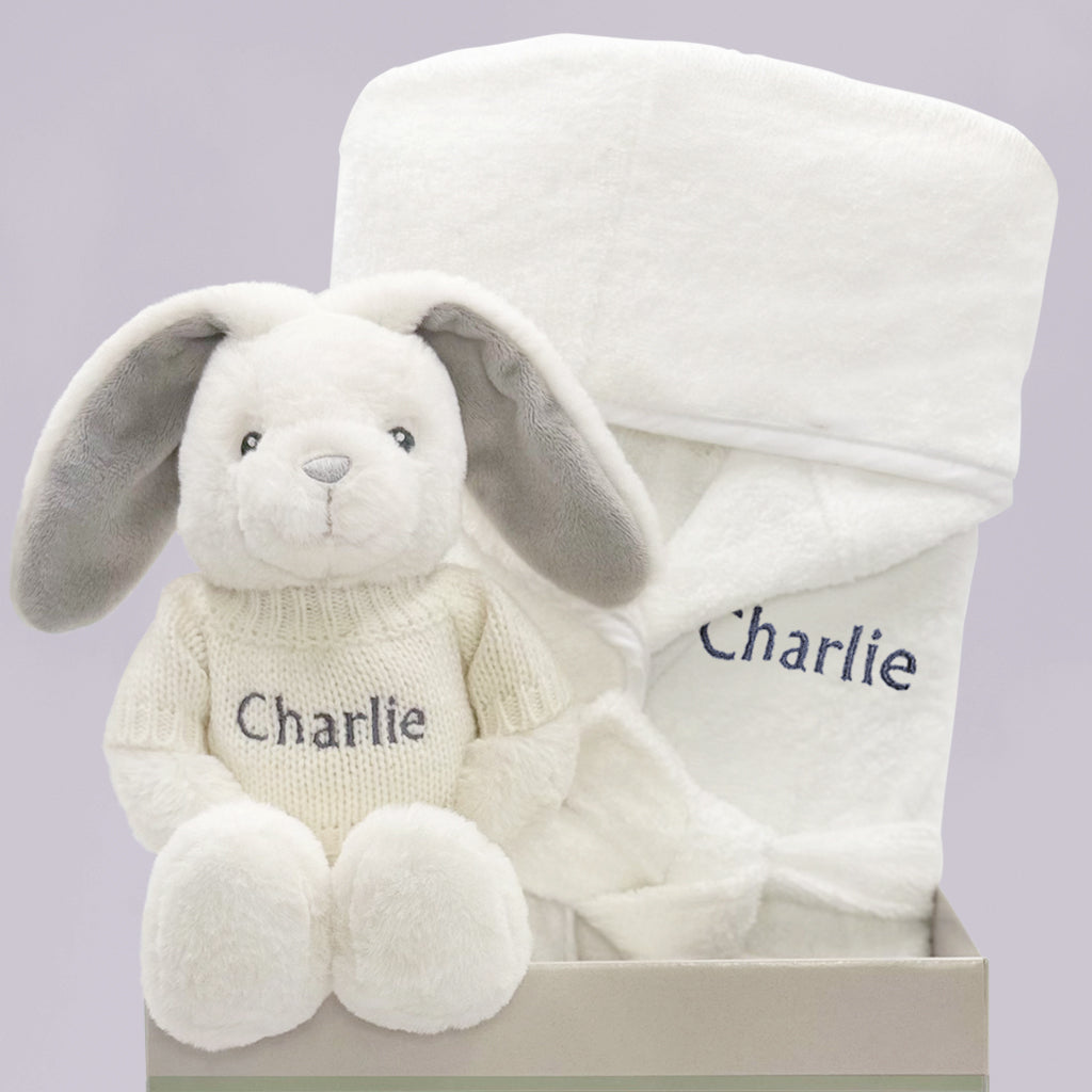 Personalized Baby Bunny Bathrobe Set with Hamper - Grey & White for Newborn to 12 Months | Perfect for Baby Showers, Christenings & First Birthday Gifts