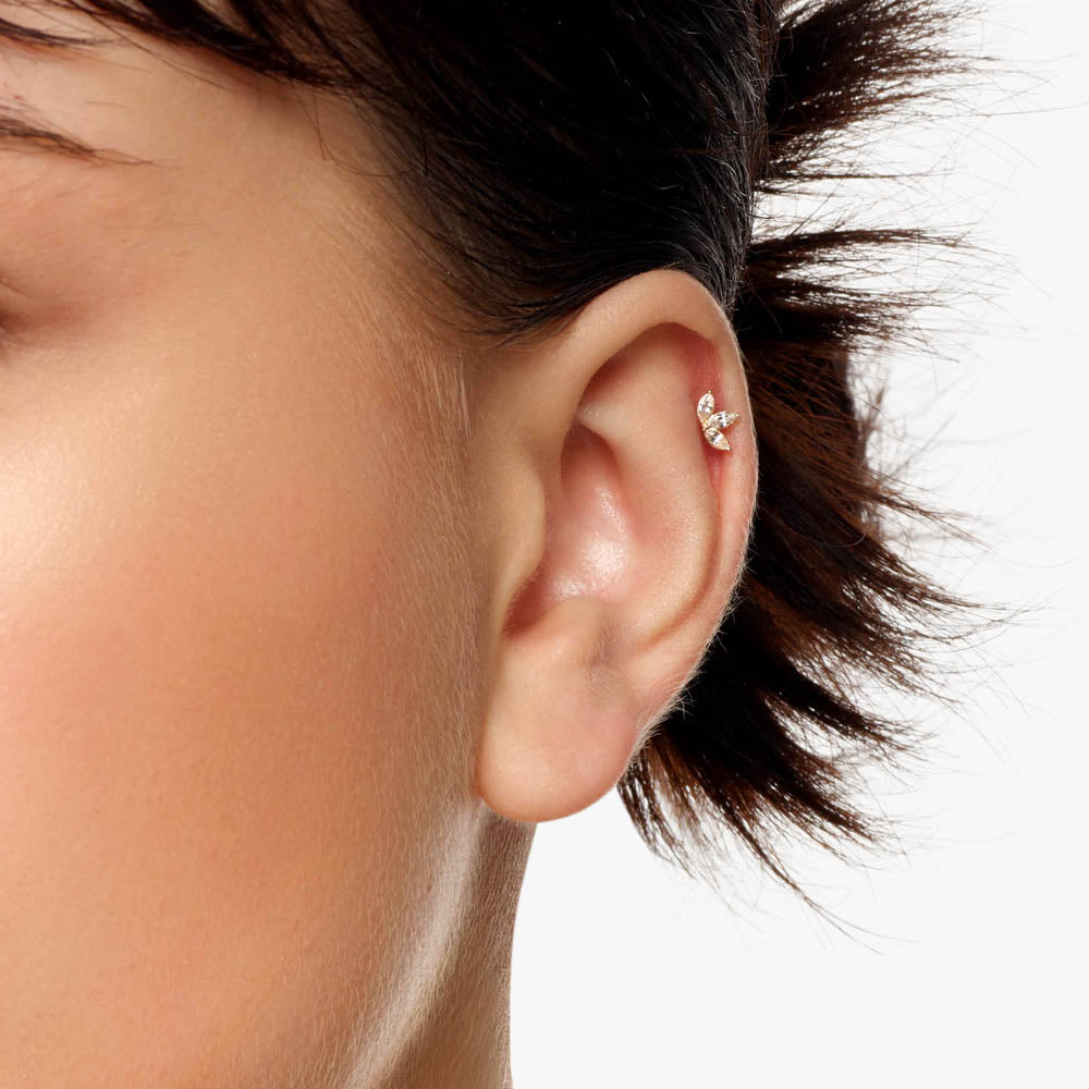 10k Gold White Sapphire Triple Marquise Helix Single Stud Earrings for Women - Perfect for Weddings, Parties & Everyday Elegance