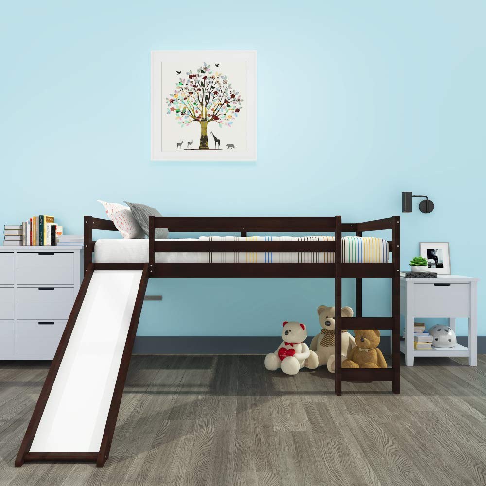 Pannow Solid Wood Twin Loft Bed with Slide, Storage & Guard Rail - Multifunctional Kids & Teens Bedroom Furniture - Easy Assembly, No Box Spring Needed (Espresso) - Perfect for Small Spaces, Dorm Rooms & Play Areas