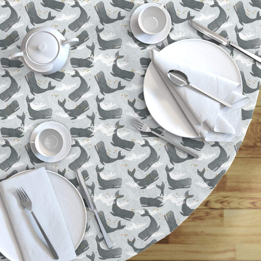 Whimsical Ocean Whale Print Cotton Sateen Tablecloth 90