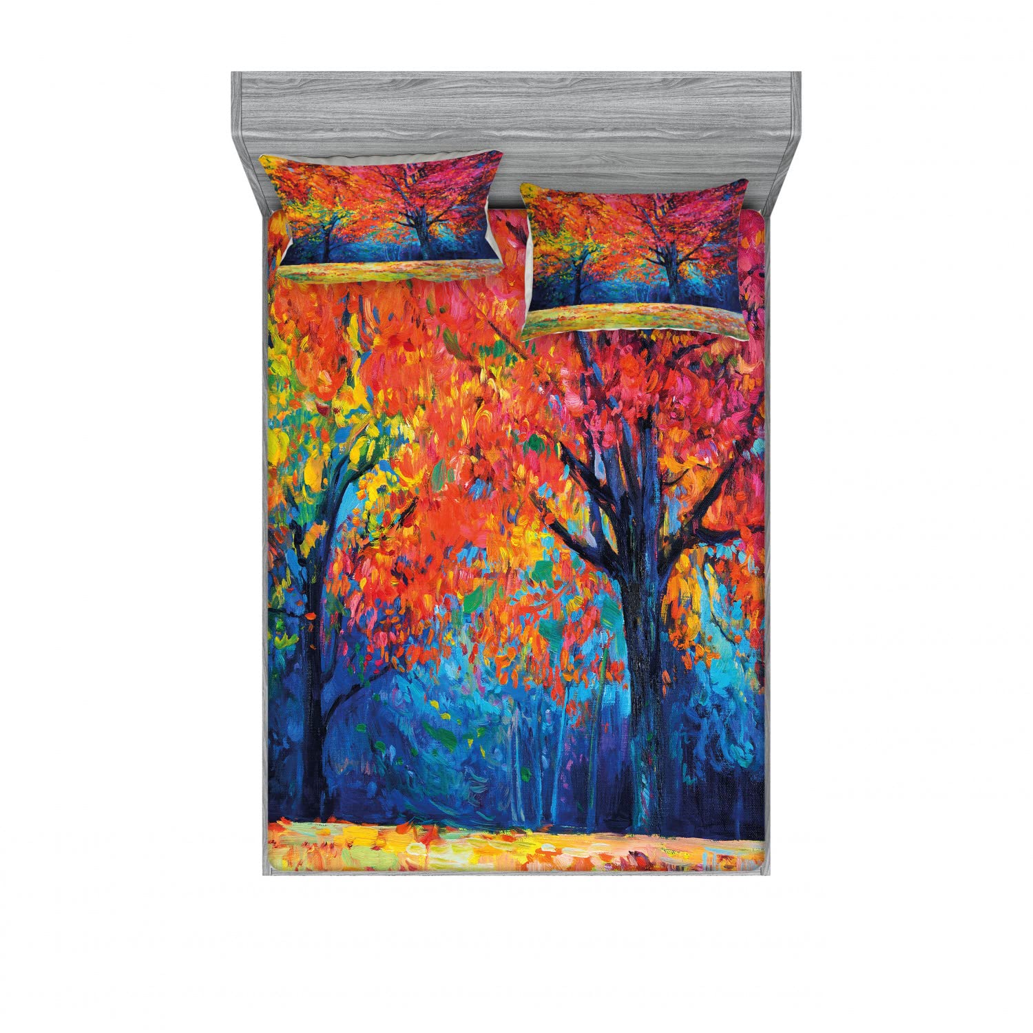 Ambesonne Nature Themed 2-Pack Full Size Fitted Sheet Set with 4 Pillow Shams - Seasonal Floral Art Bedding in Vermilion & Navy Blue - Soft Wrinkle-Resistant Sheets for Guest Rooms, Dorms & Vacation Homes