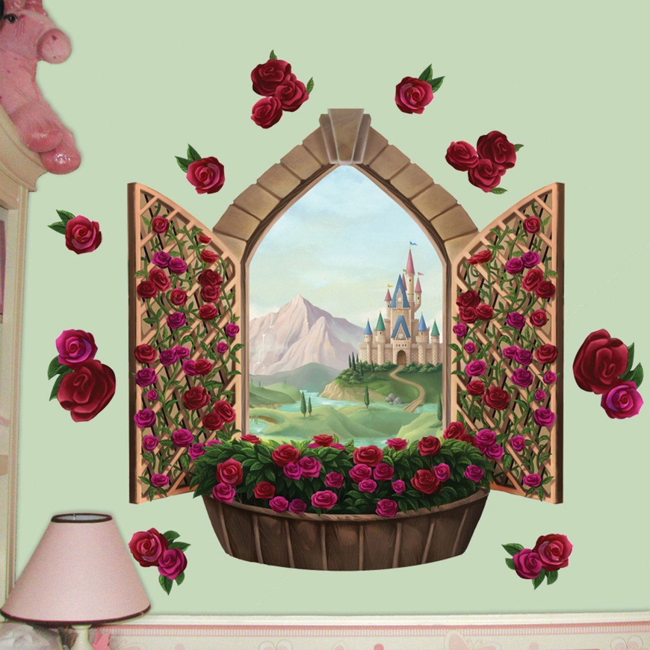 Rose Castle Window Mural - Elegant Floral Window Decal for Home Decor | Perfect for Living Room, Bedroom & Nursery Stickers