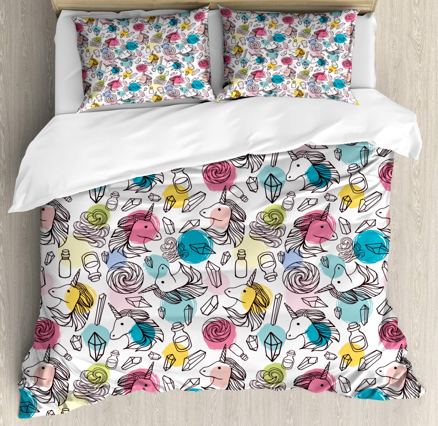 Ambesonne Unicorn Duvet Cover Set - King Size 3 Piece Bedding with Magic Horse & Candy Print, 2 Pillow Shams, White Multicolor | Perfect for Kids' Bedrooms, Fantasy Themed Decor & Gift Ideas