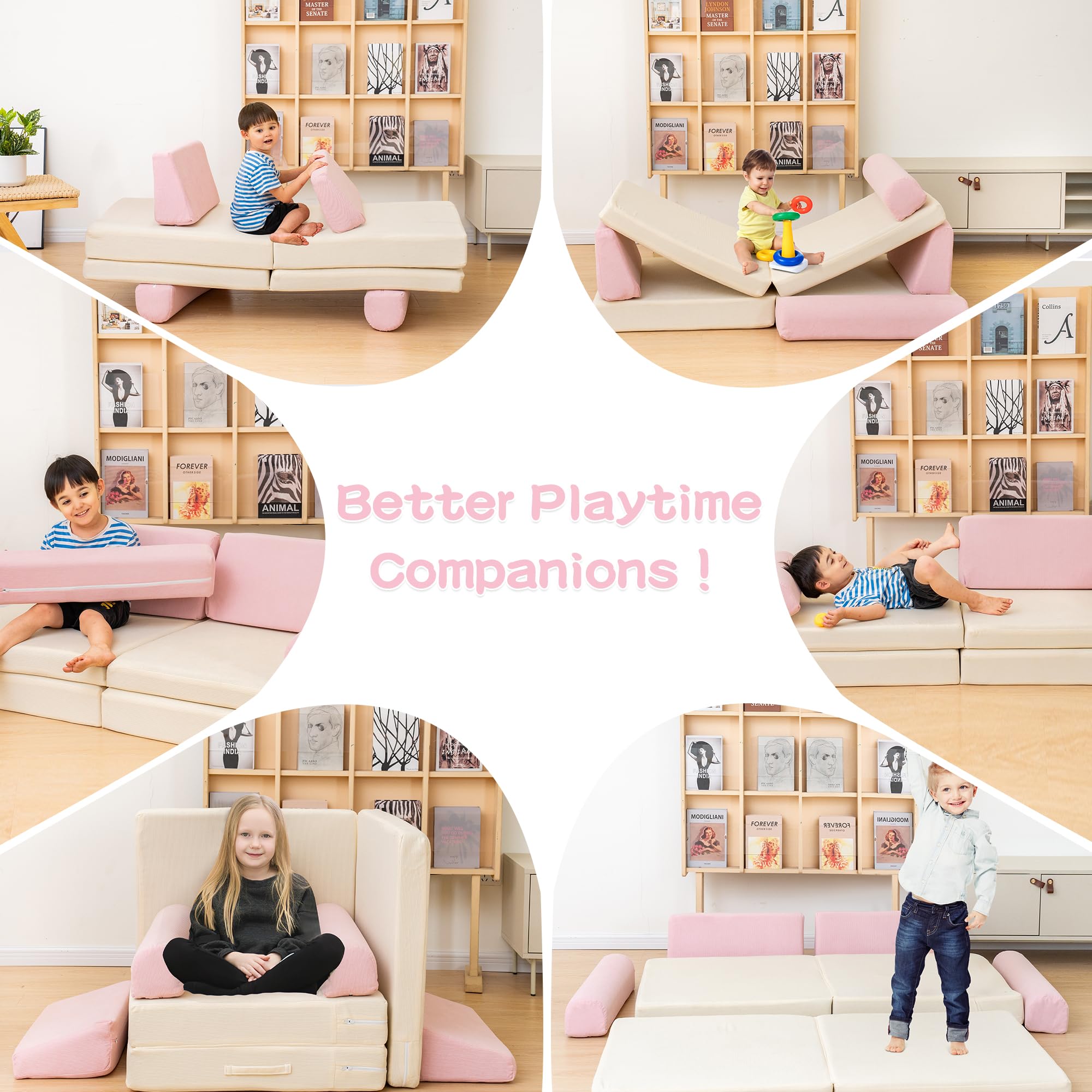 Modular Kids Play Couch - 5 Second Instant Expansion Corduroy Sofa for Playroom (Pink & Beige) - Perfect for Indoor Playtime, Reading Nook & Toddler Relaxation