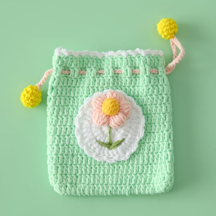 Crochet Drawstring Bag - Cute Coin Purse & Jewelry Pouch for Headphones, Lipstick, Keys - Puff Fruit Green (1pc) | Perfect for Travel, Gym & Everyday Use