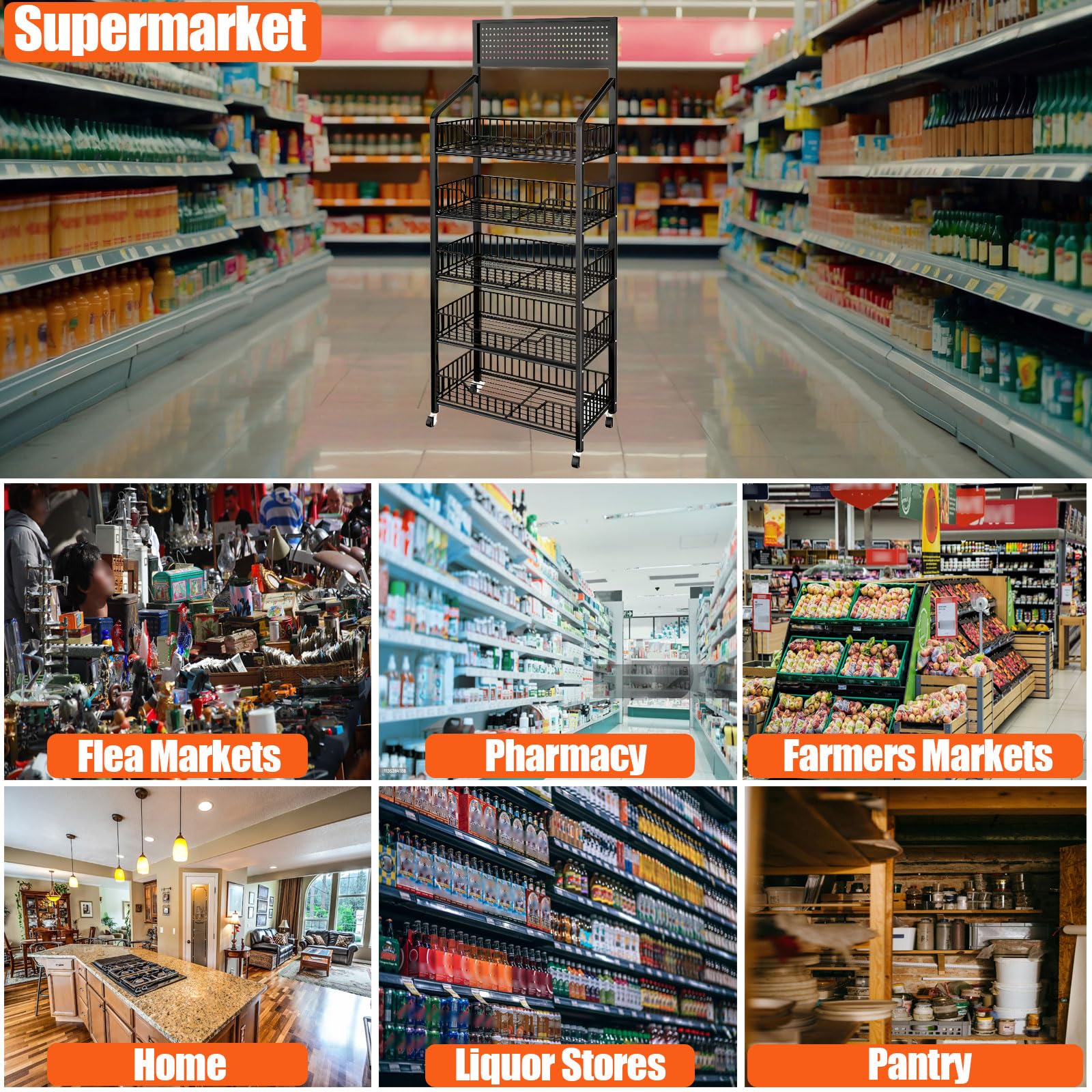 5 Tier Supermarket Snack Rack Display Stand - Free Standing Black Metal Retail Shelves with 12 Hooks & 4 Wheels - Large Commercial Snack Shelf for Convenience Stores, Grocery Shops & Supermarkets - Perfect for Organizing Chips, Candy, Drinks & Retail Merchandise Display