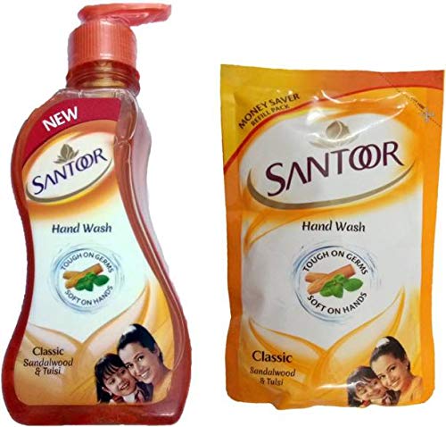 **Santoor Classic Sandalwood & Tulsi Hand Wash Refill Pouch - 2 x 197.5ml (215g + 180g) - Gentle & Moisturizing for Daily Use - Perfect for Home, Kitchen & Bathroom**