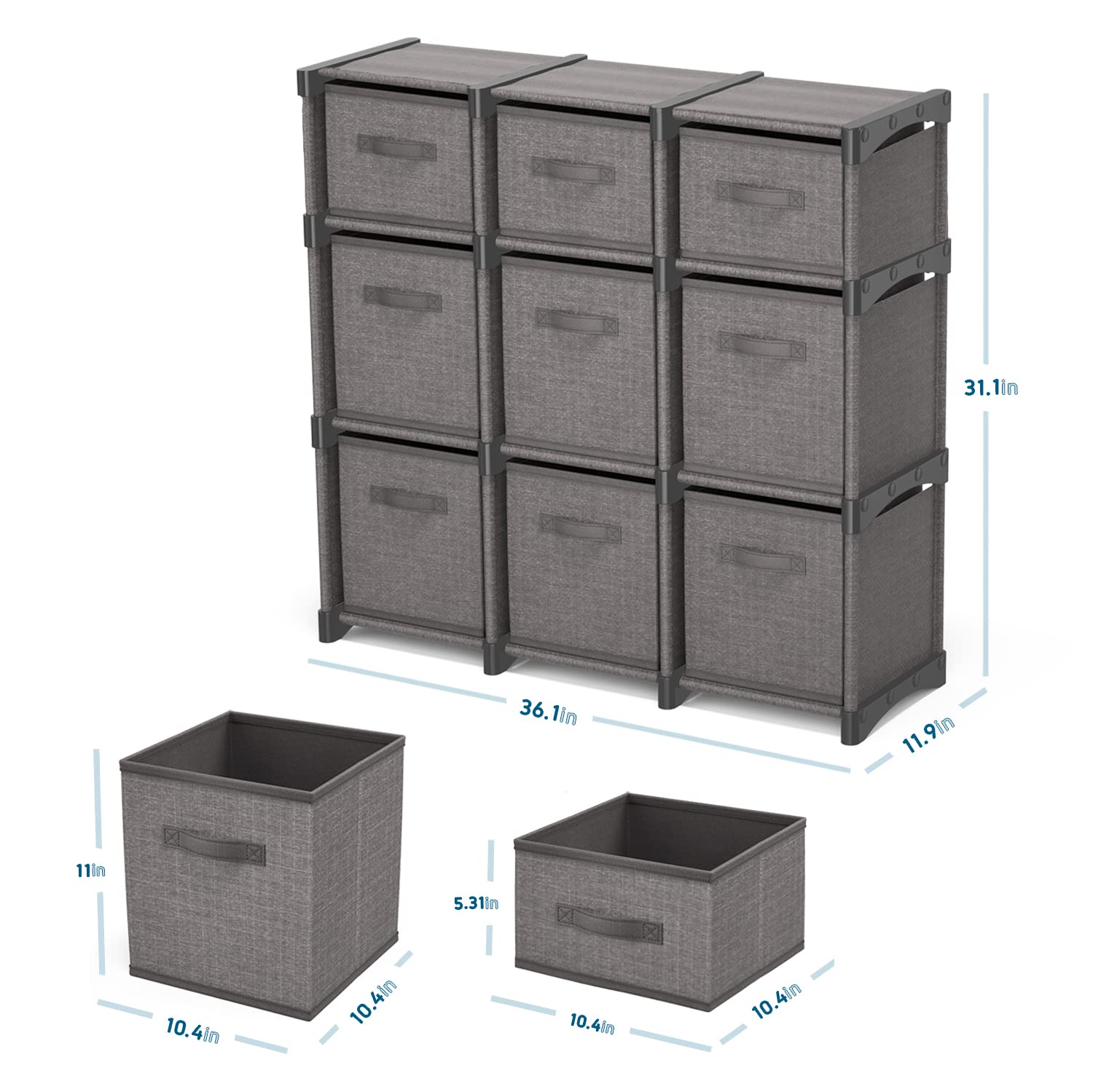 9-Cube Storage Organizer Shelf - Gray Modular DIY Closet Organizer with Sturdy Storage Bins for Bedroom, Playroom, Office & Dorm - Perfect for Toys, Books, Shoes & Home Organization (Black)