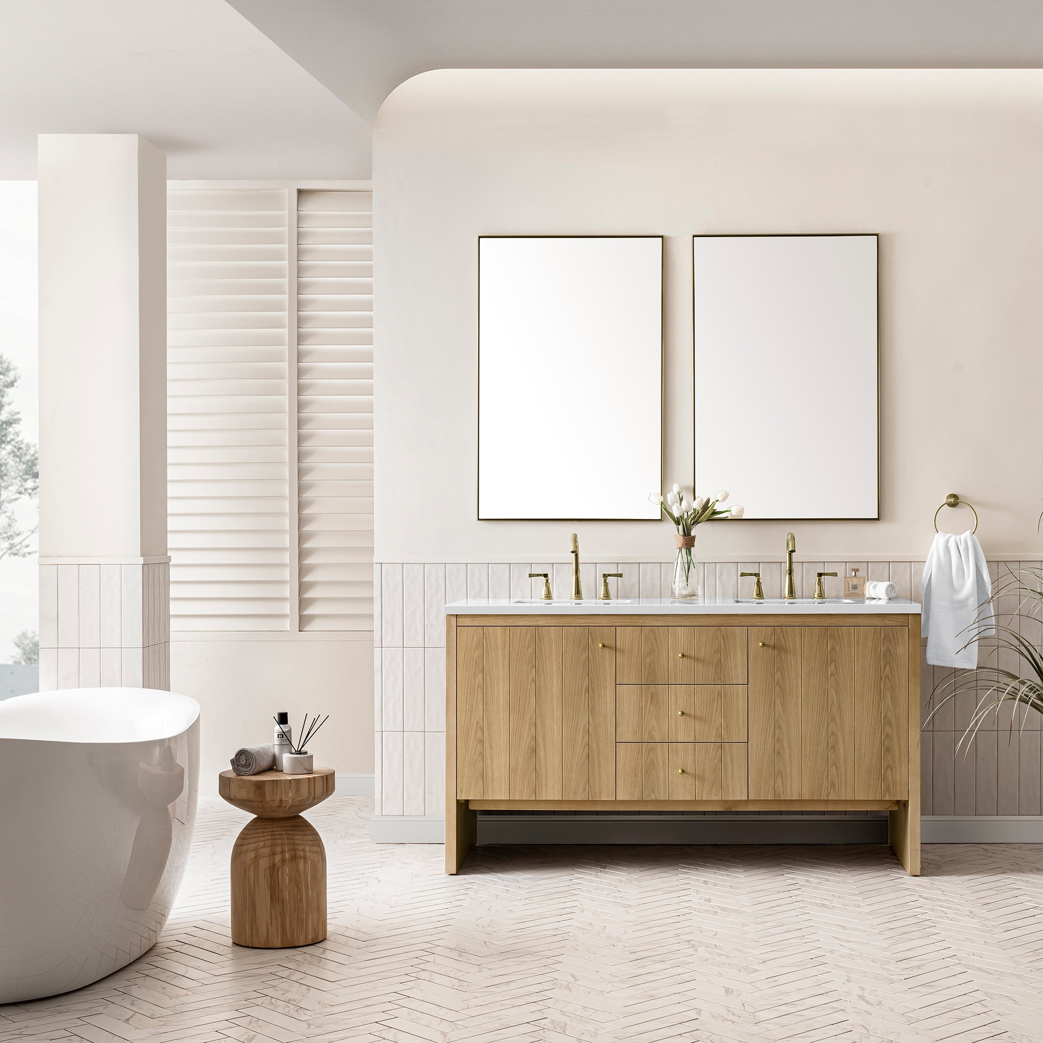 Hudson 60 Inch Double Vanity with White Zeus Quartz Top in Light Natural Oak Finish - Perfect for Modern Bathroom Renovation and Master Suite Upgrades