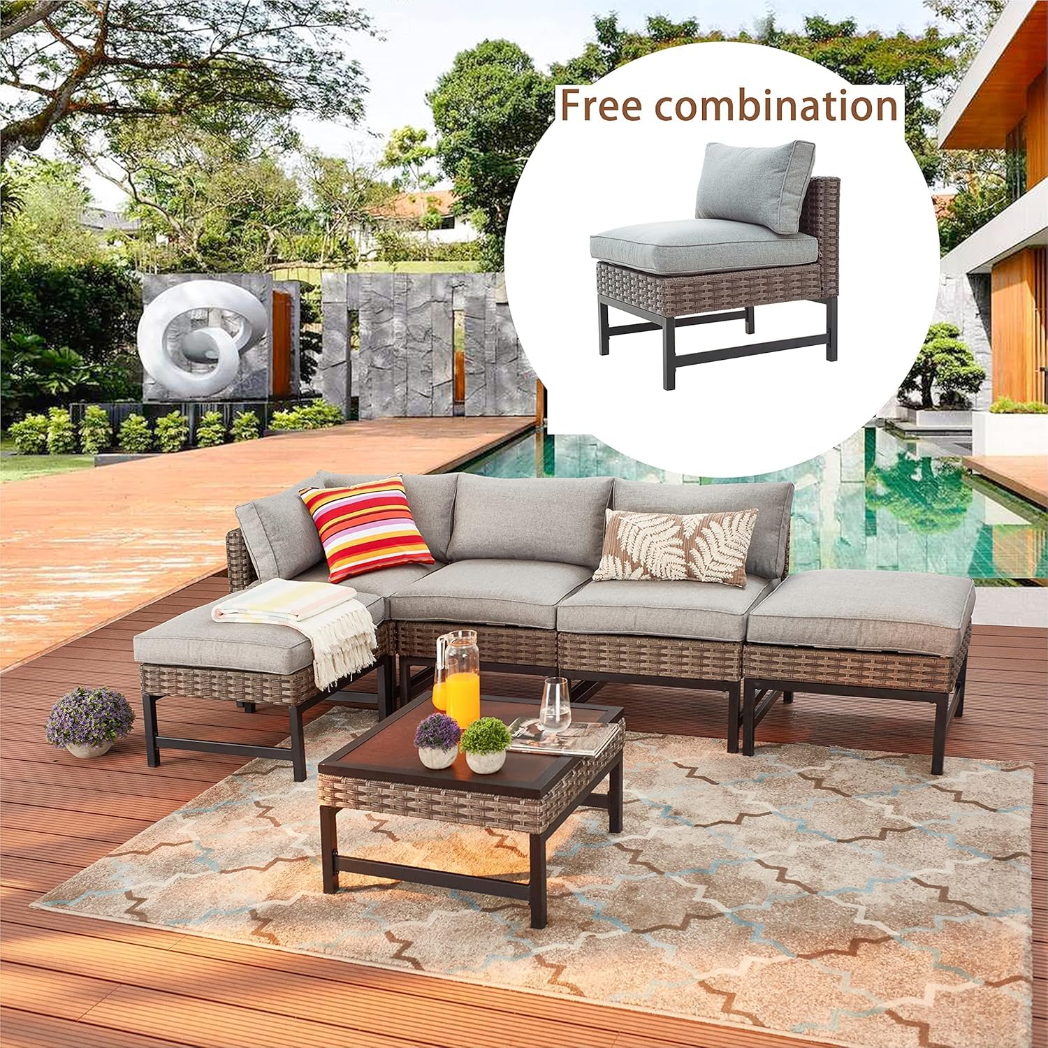 LOKATSE HOME Armless Wicker Patio Sofa Chair with Cushions & Metal Frame - Outdoor Furniture for Garden, Backyard, Poolside Relaxation - Brown (Perfect for Lounging, Sunbathing & Entertaining)