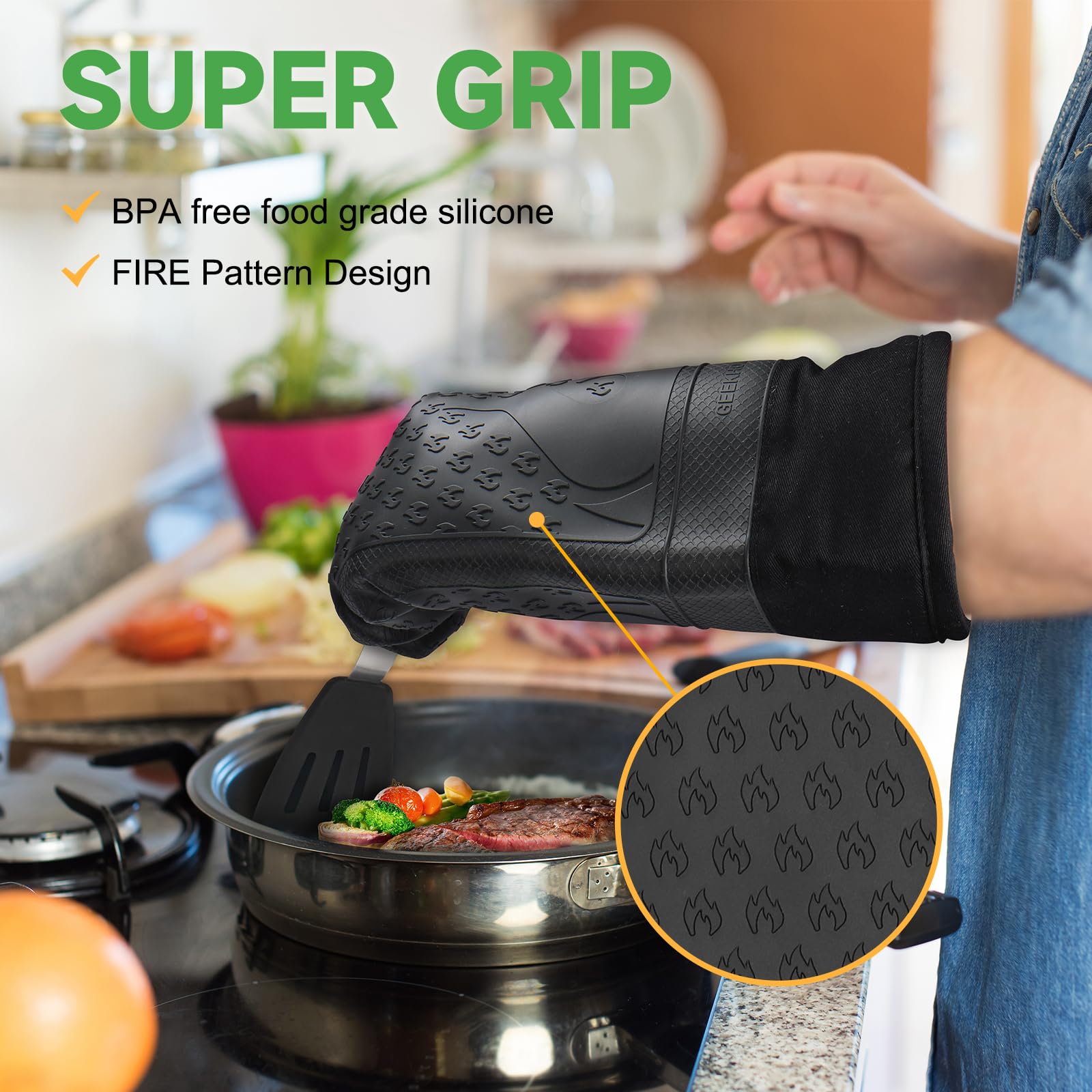 GEEKHOM Heat Resistant Silicone Oven Mitts & Pot Holders Set - Extra Long BBQ Gloves with Non-Slip Grip for Cooking, Baking, Grilling - Perfect for Kitchen, Outdoor Camping & Backyard BBQ (Black)
