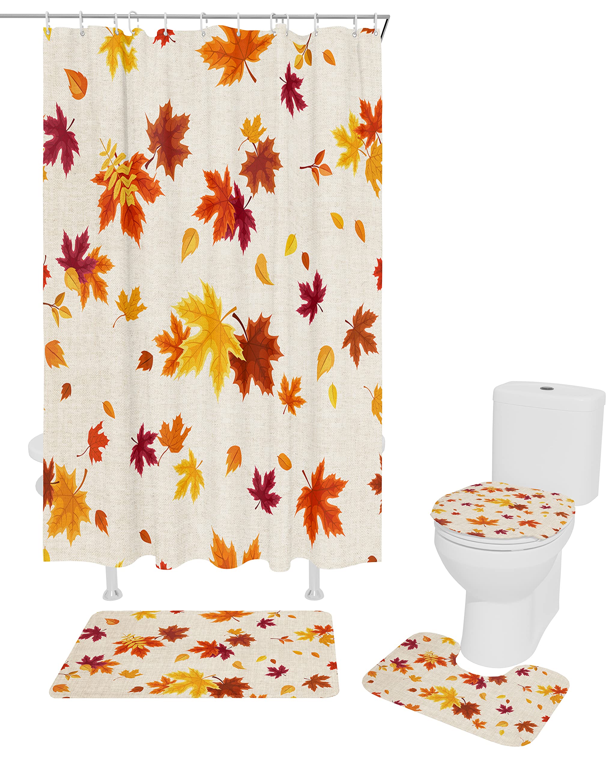 4PCS Fall Harvest Thanksgiving Shower Curtain Set - Autumn Leaf Bathroom Decor with 72x72in Curtain, Bath Mat & Toilet Cover | Seasonal Home Decor for Thanksgiving & Cozy Bathroom Makeover