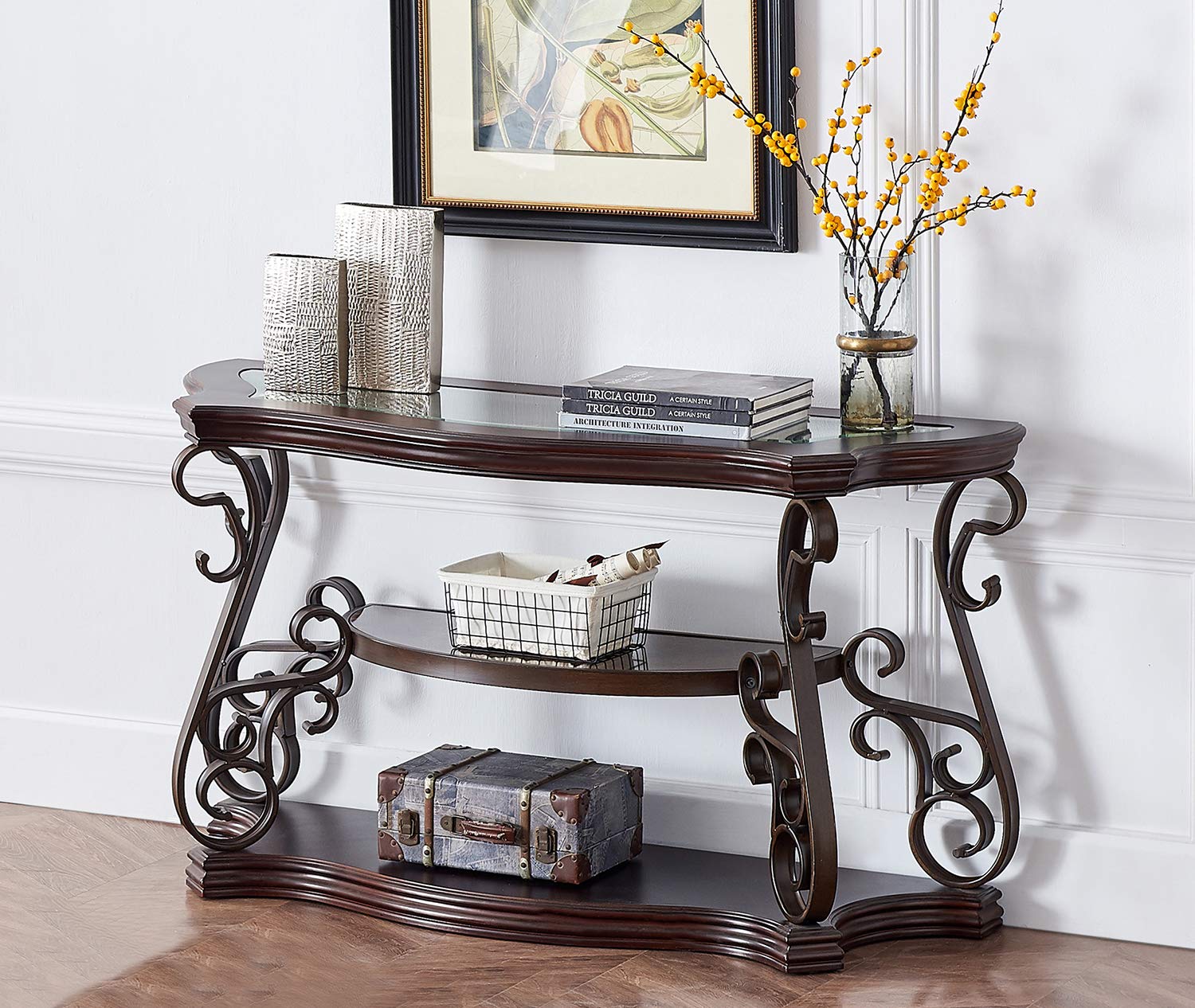 Henf Home Furnishings Traditional Console Table - Dark Brown Sofa Table with 2 Shelves & Tempered Glass Top | Perfect for Living Room, Entryway & Hallway Decor