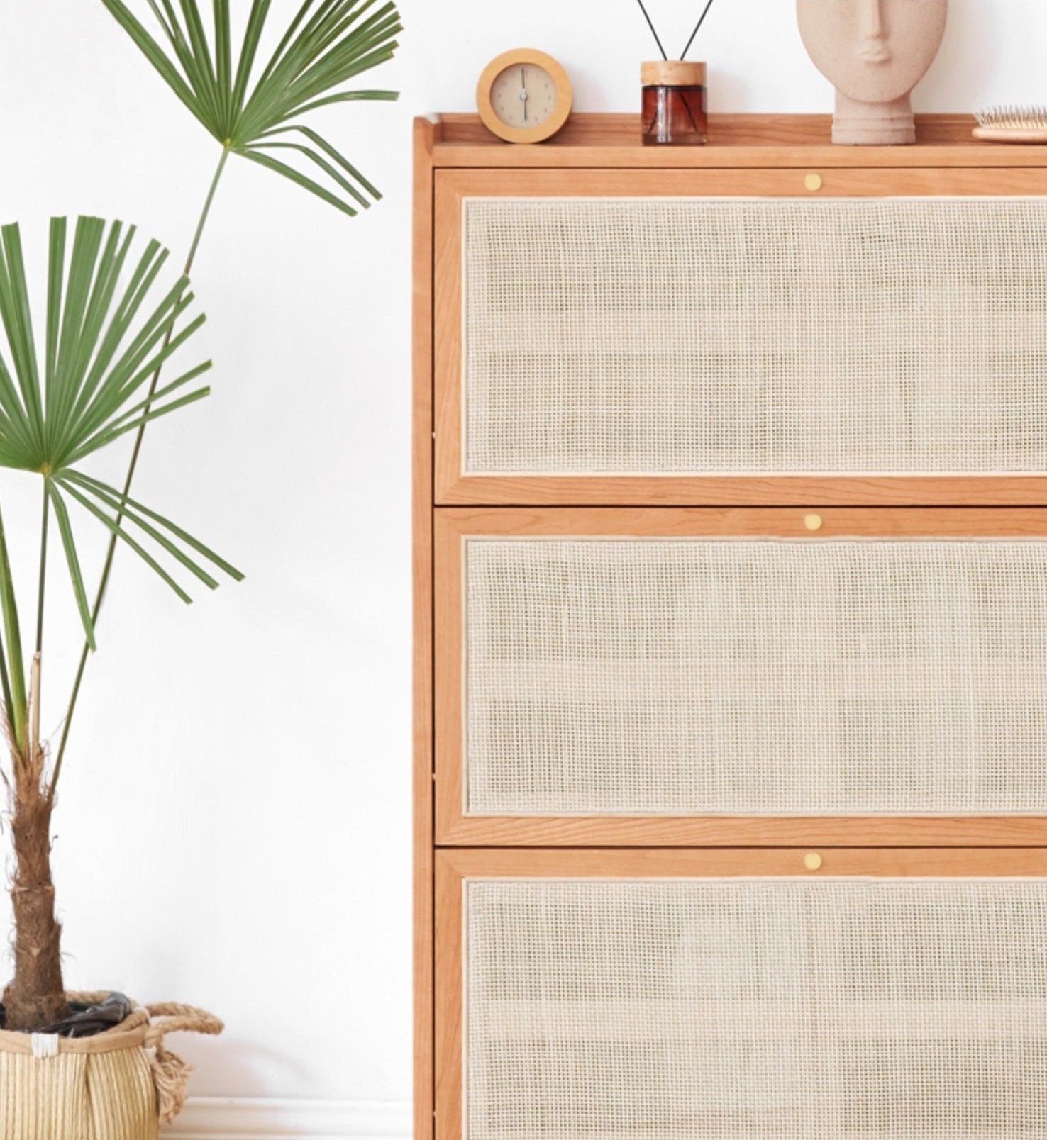 Oak Solid Wood Ultra Thin Flap Door Rattan Shoe Cabinet - Space Saving Entryway Storage Organizer for Hallway, Closet & Mudroom